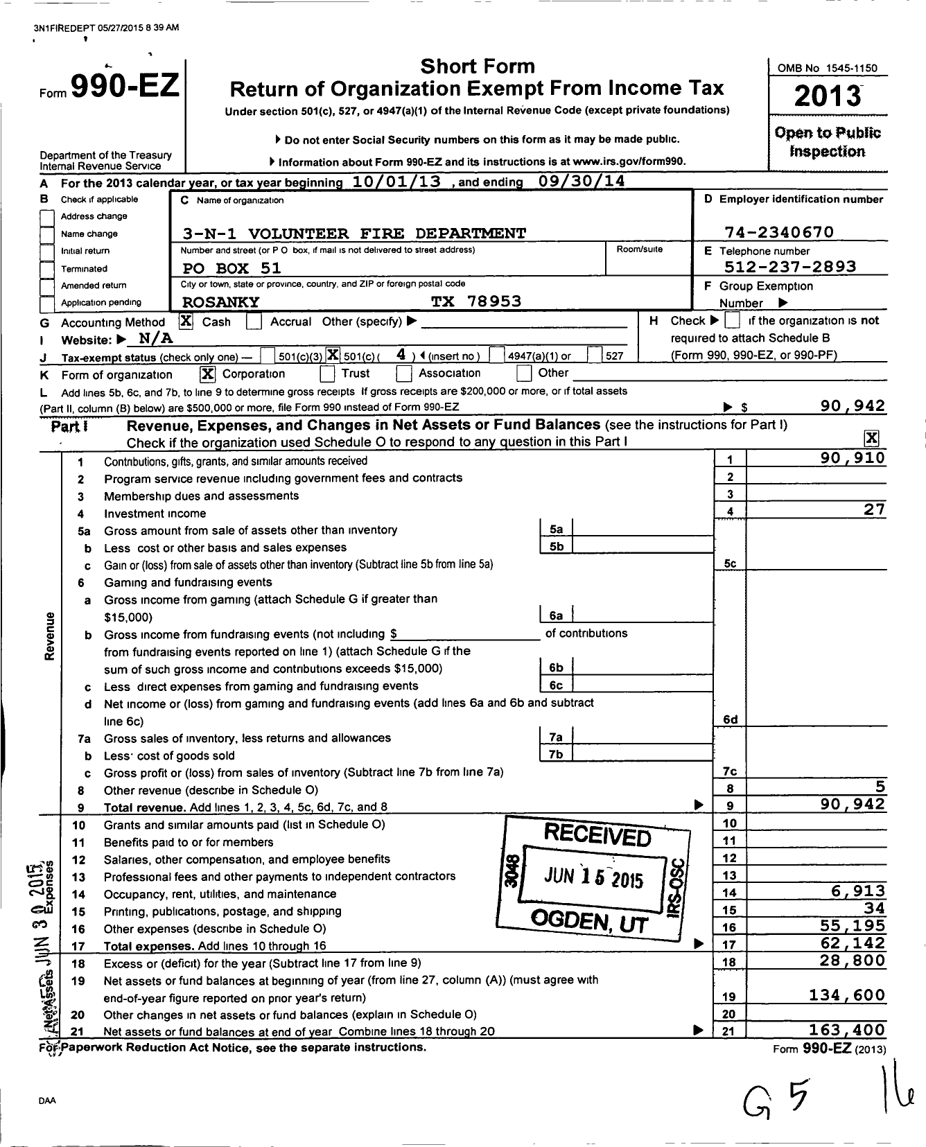 Image of first page of 2013 Form 990EO for 3-n-1 Volunteer Fire Department