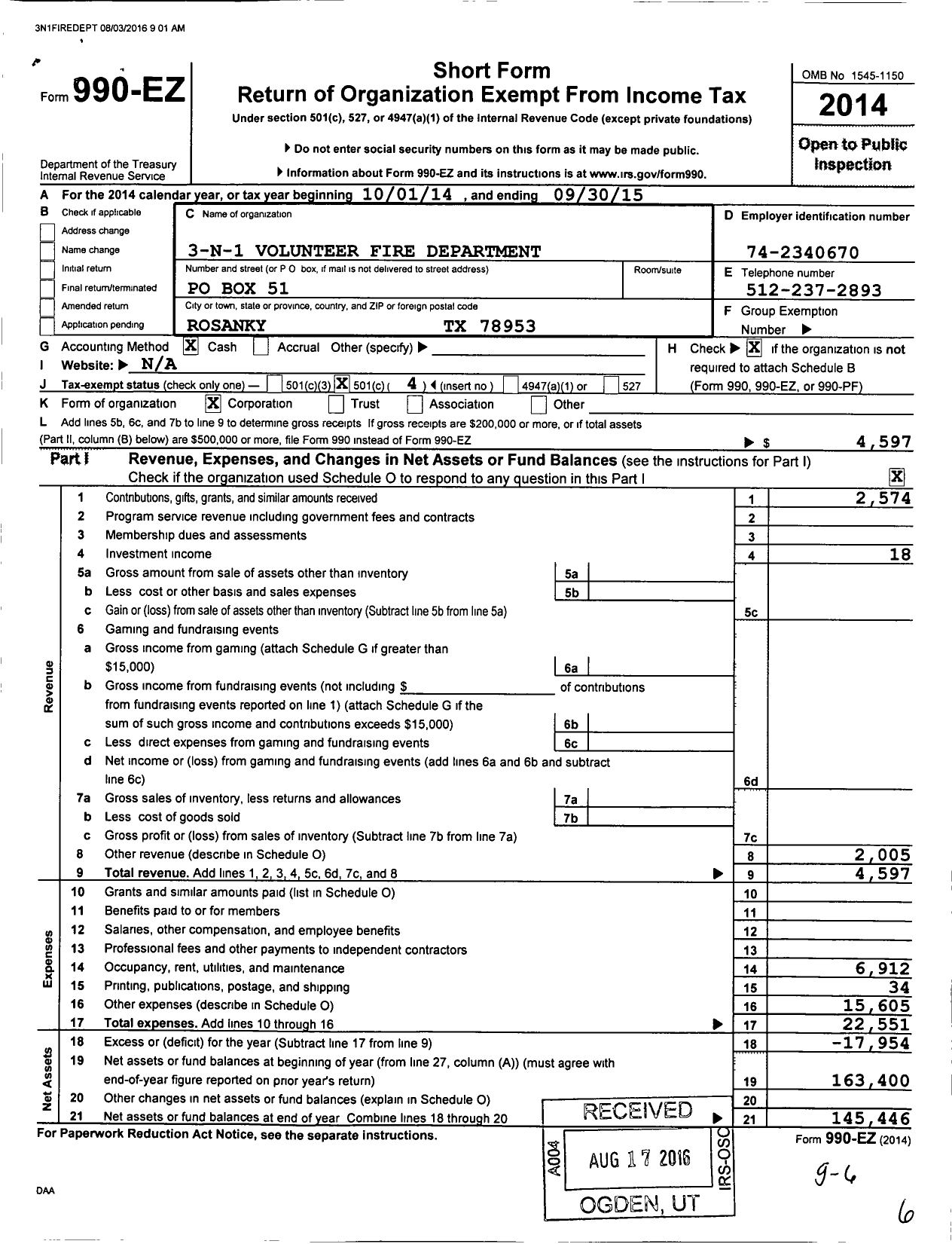 Image of first page of 2014 Form 990EO for 3-n-1 Volunteer Fire Department