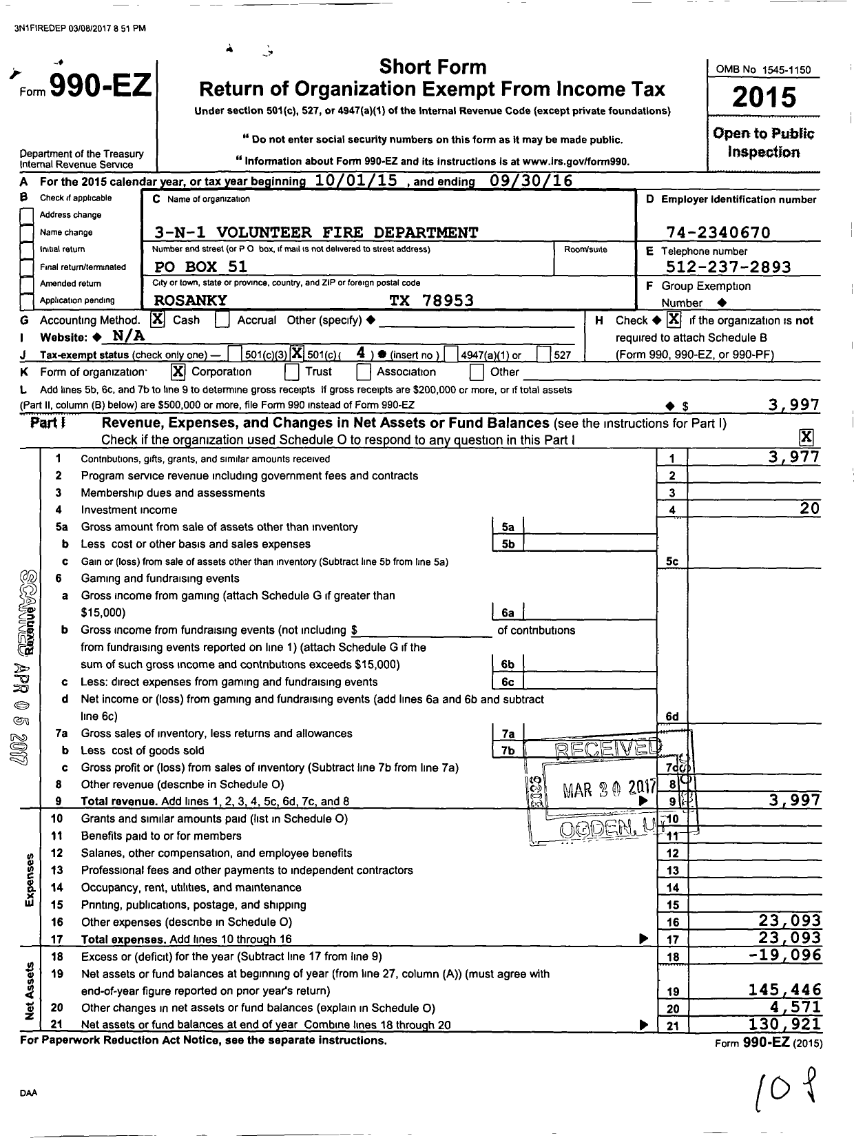 Image of first page of 2015 Form 990EO for 3-n-1 Volunteer Fire Department