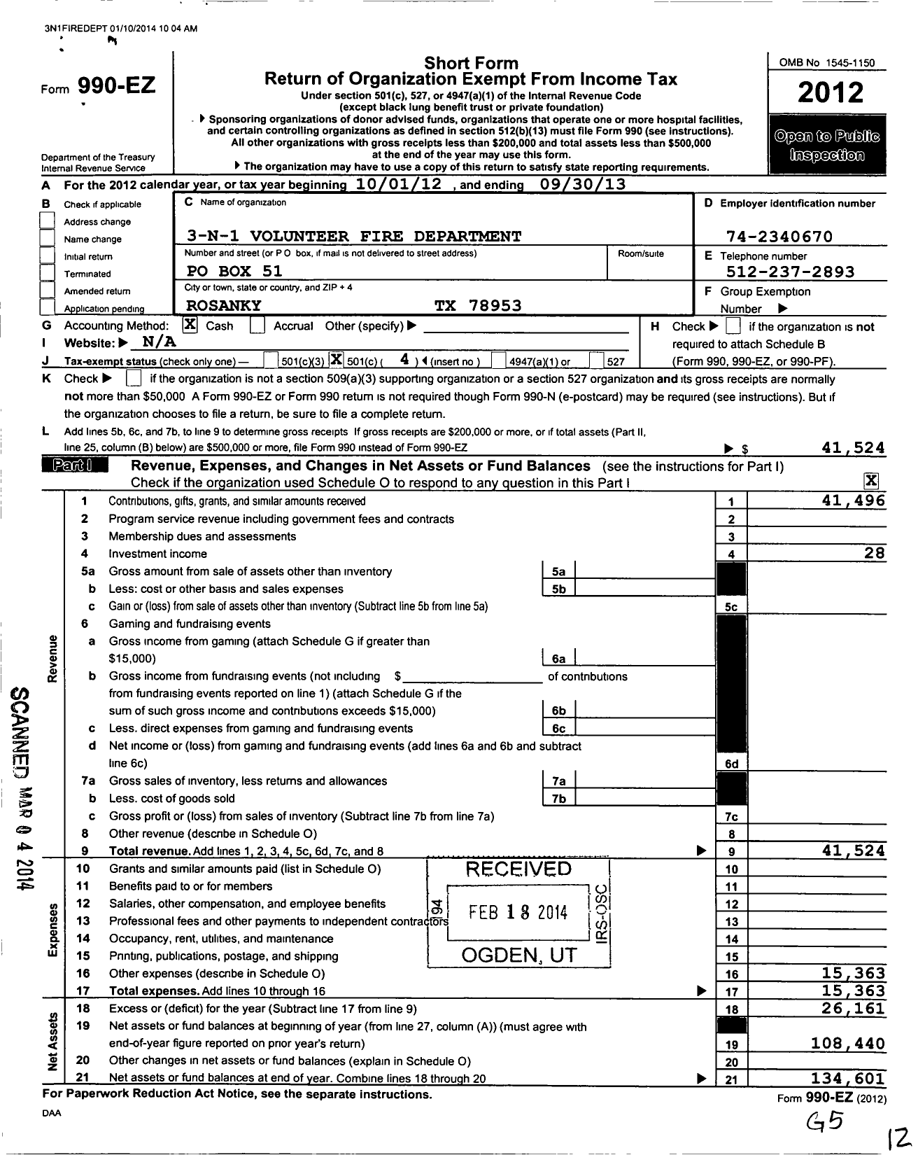 Image of first page of 2012 Form 990EO for 3-n-1 Volunteer Fire Department