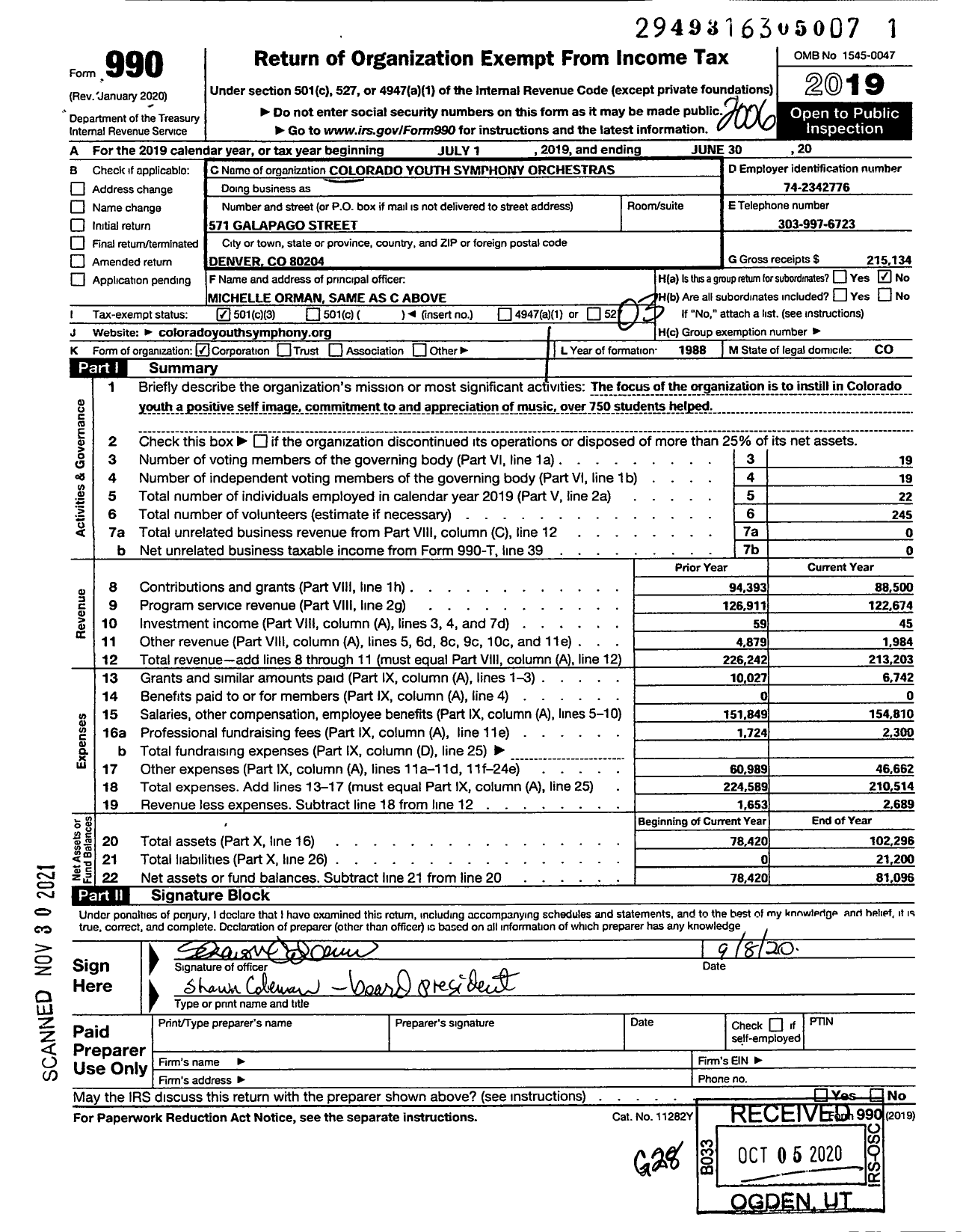 Image of first page of 2019 Form 990 for Colorado Youth Symphony Orchestras Association