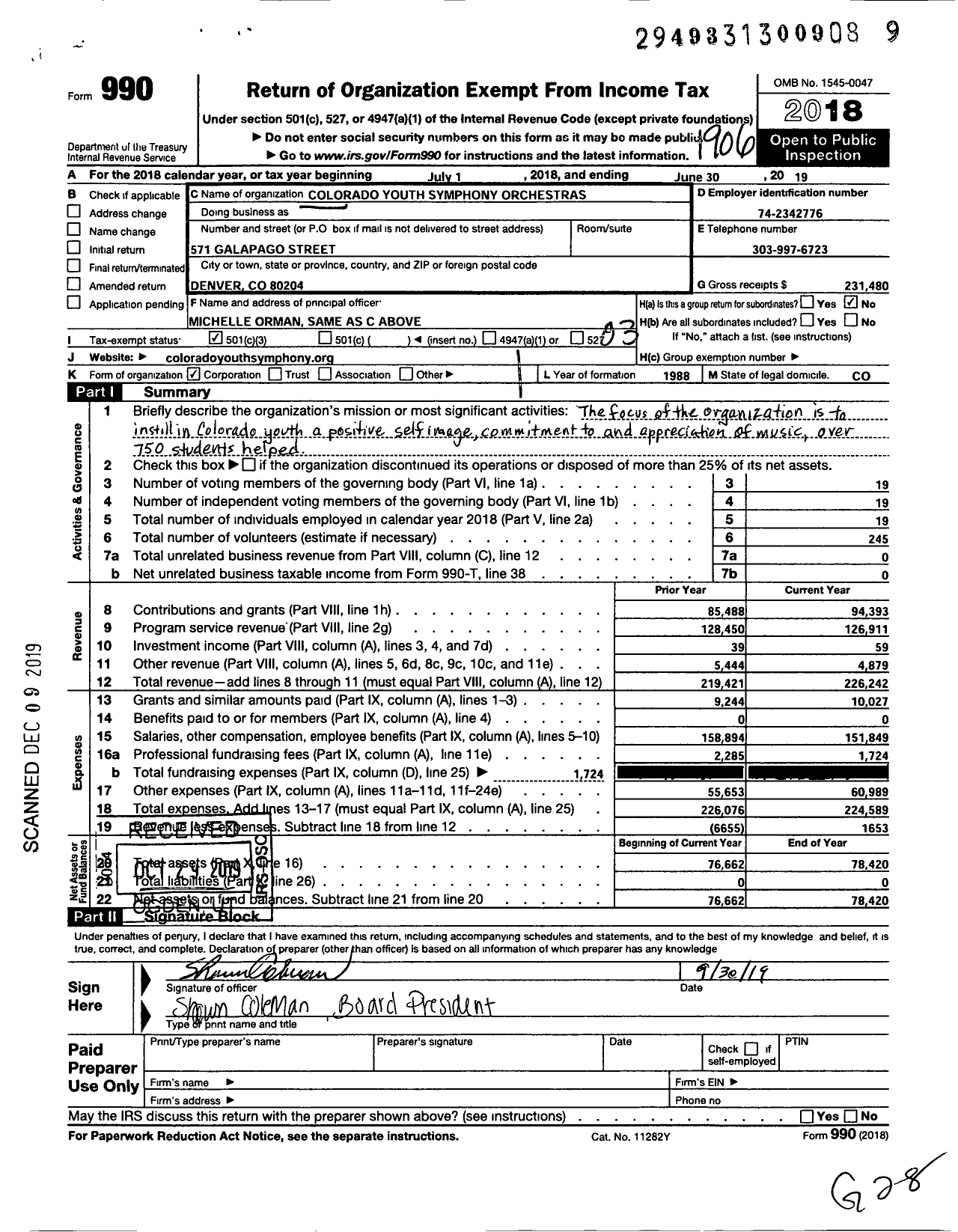 Image of first page of 2018 Form 990 for Colorado Youth Symphony Orchestras Association