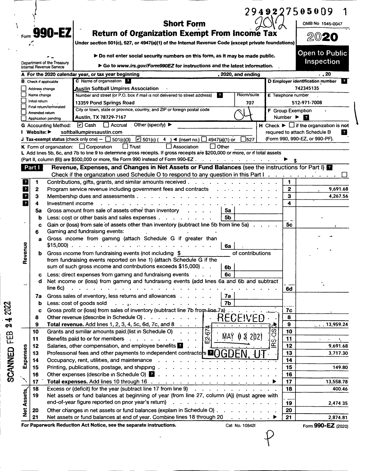 Image of first page of 2020 Form 990EO for Austin Softball Umpires Association