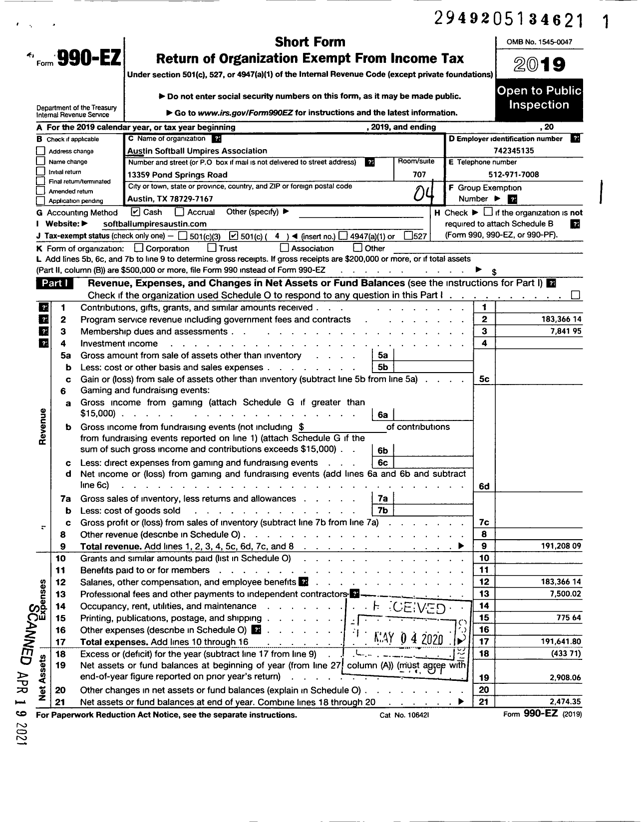 Image of first page of 2019 Form 990EO for Austin Softball Umpires Association