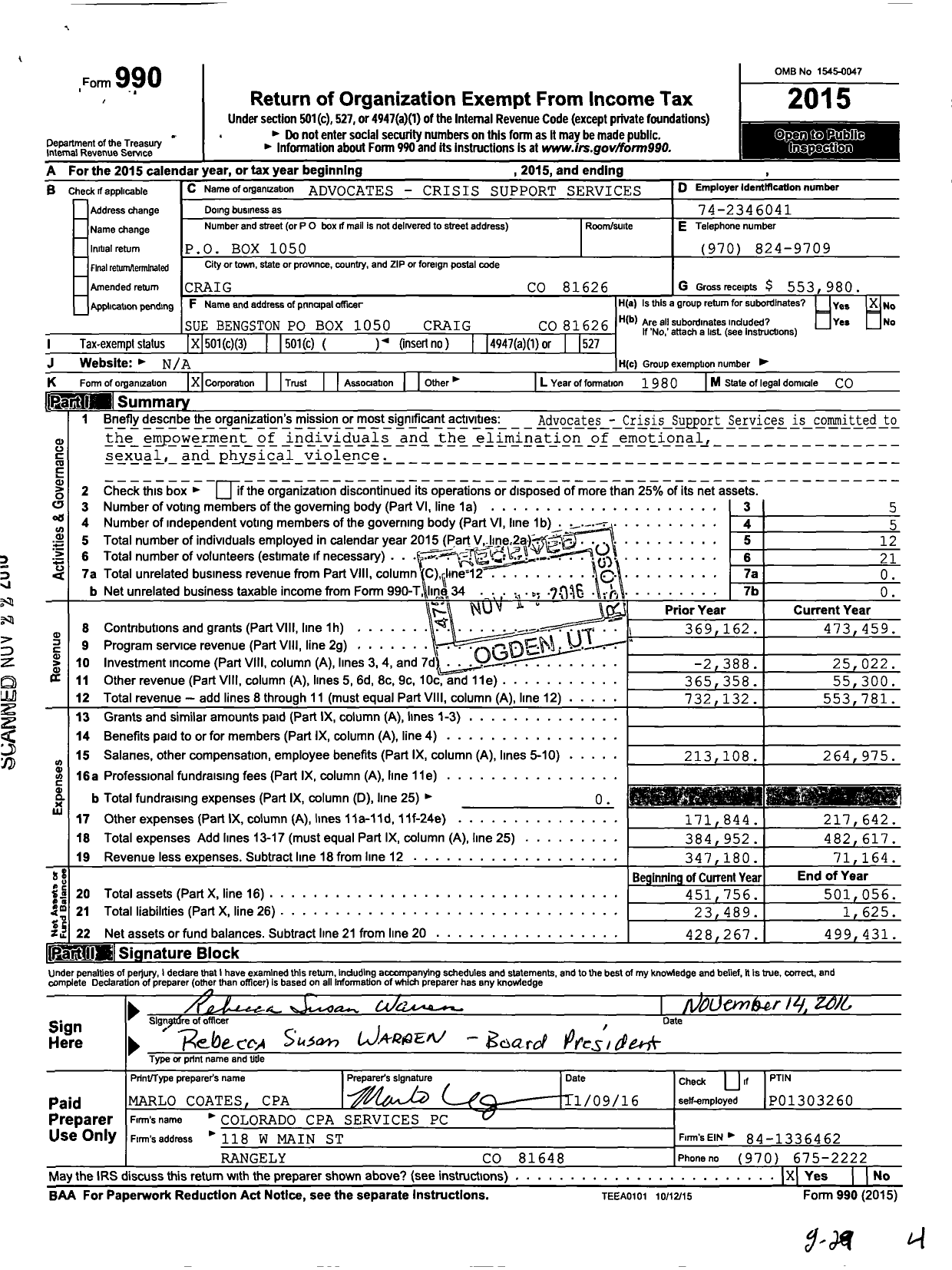Image of first page of 2015 Form 990 for Advocates - Crisis Support Services