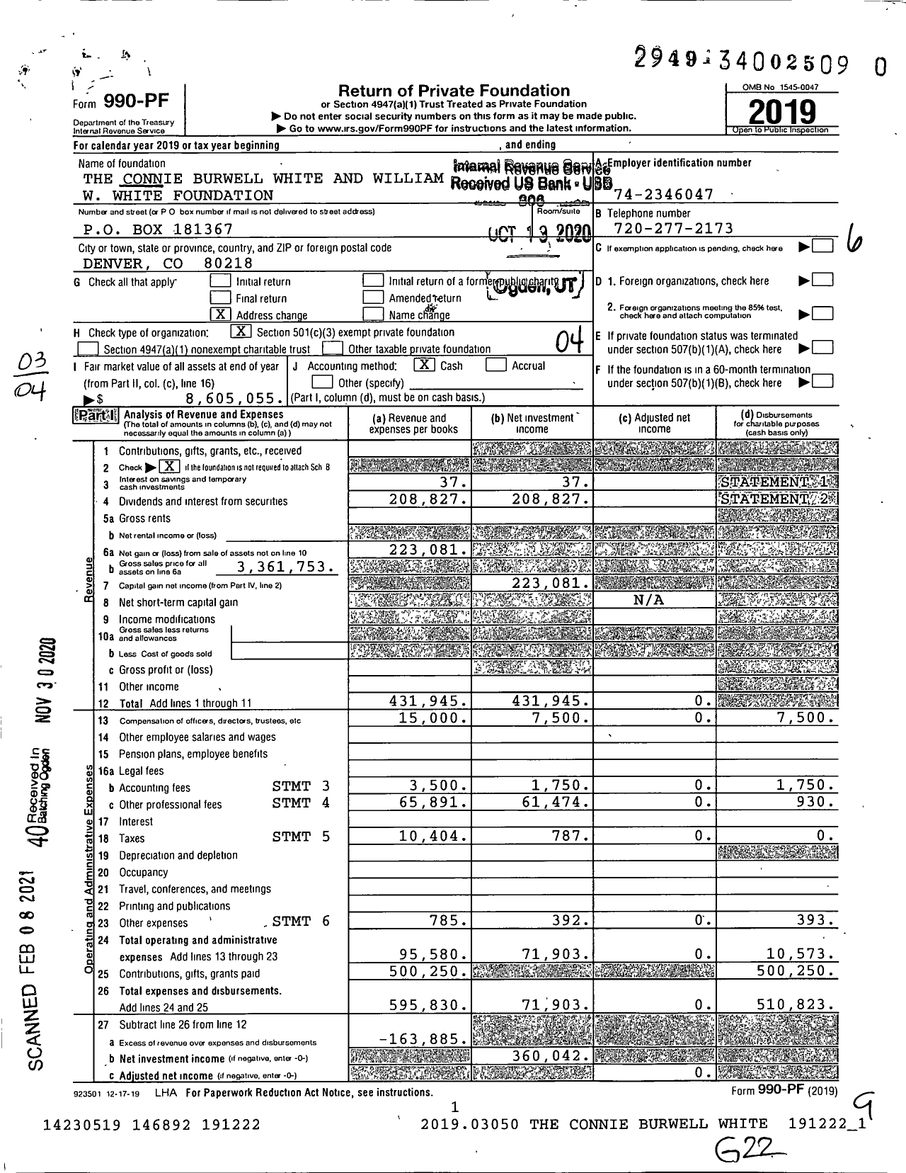 Image of first page of 2019 Form 990PF for The Connie Burwell White and William W White Foundation