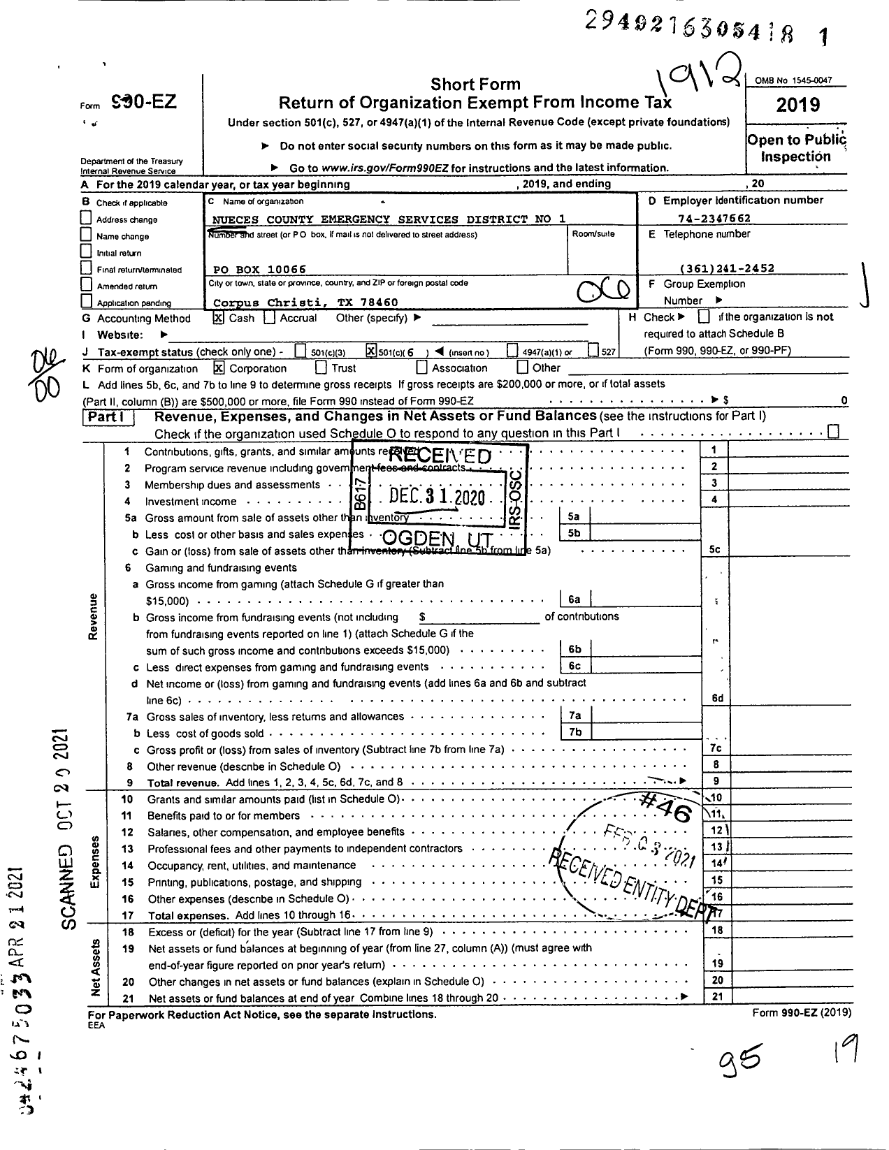 Image of first page of 2019 Form 990EO for Nueces County Emergency Services District No 1