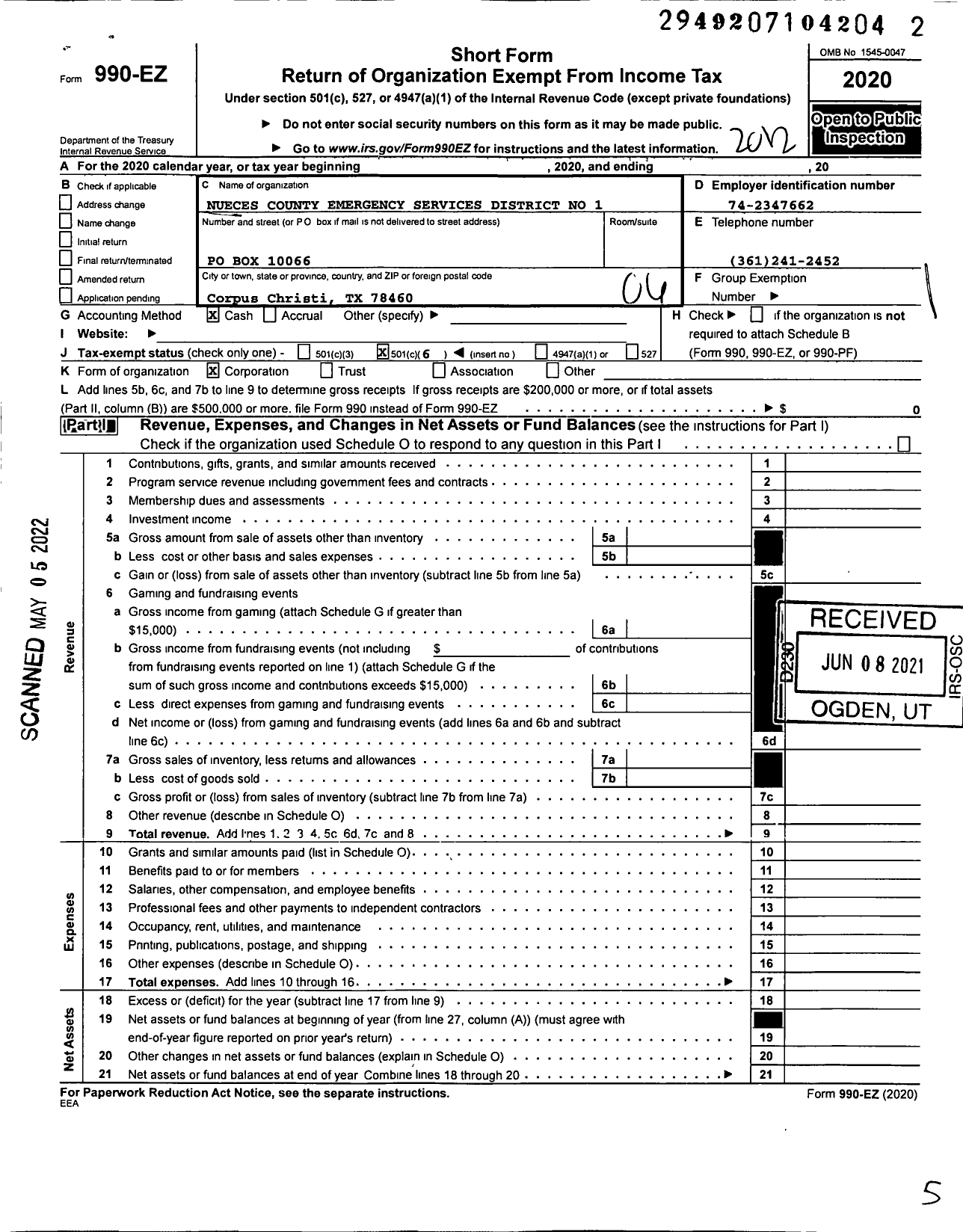 Image of first page of 2020 Form 990EO for Nueces County Emergency Services District No 1