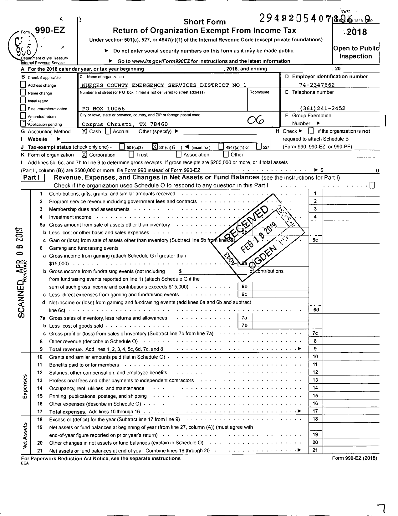 Image of first page of 2018 Form 990EO for Nueces County Emergency Services District No 1