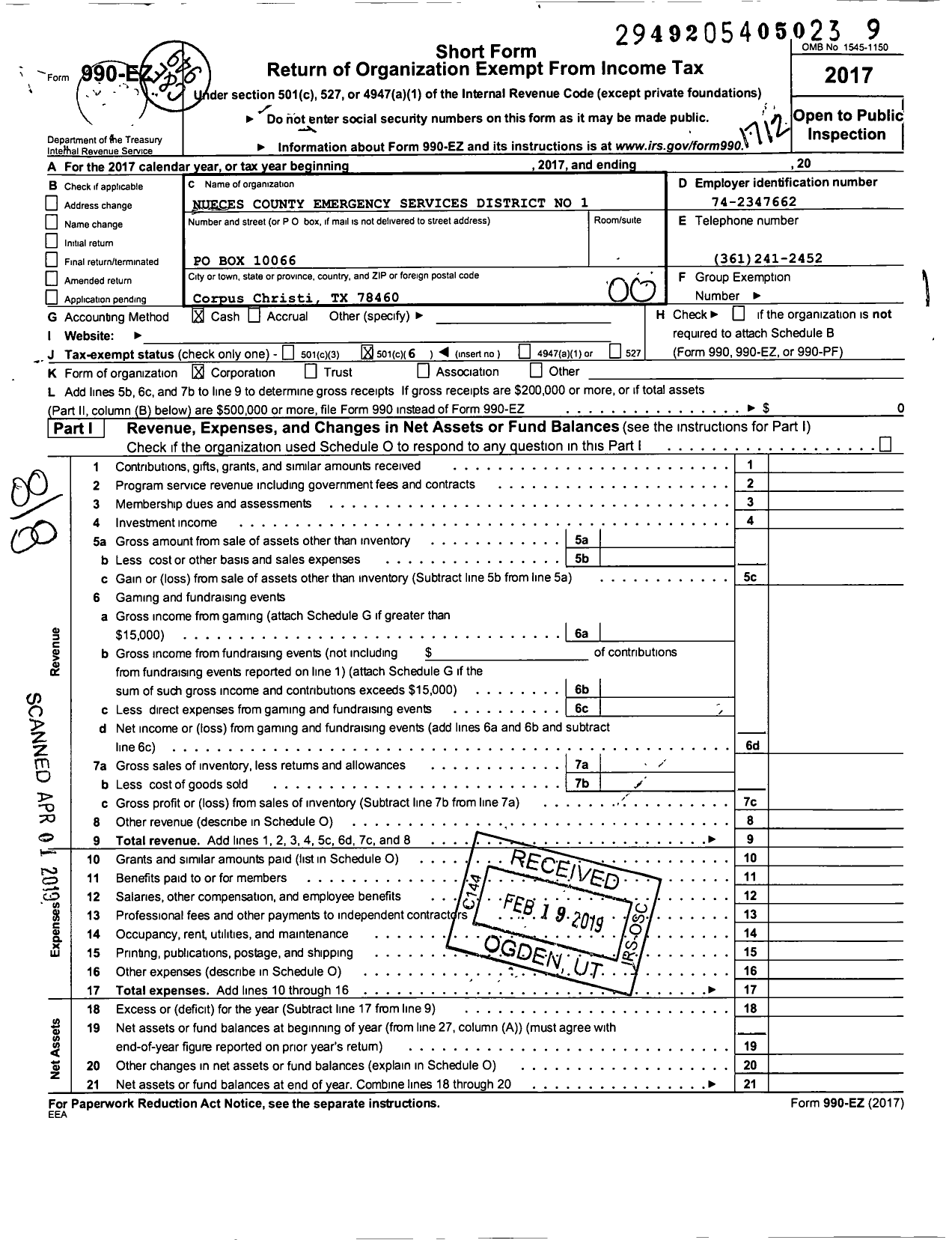 Image of first page of 2017 Form 990EO for Nueces County Emergency Services District No 1