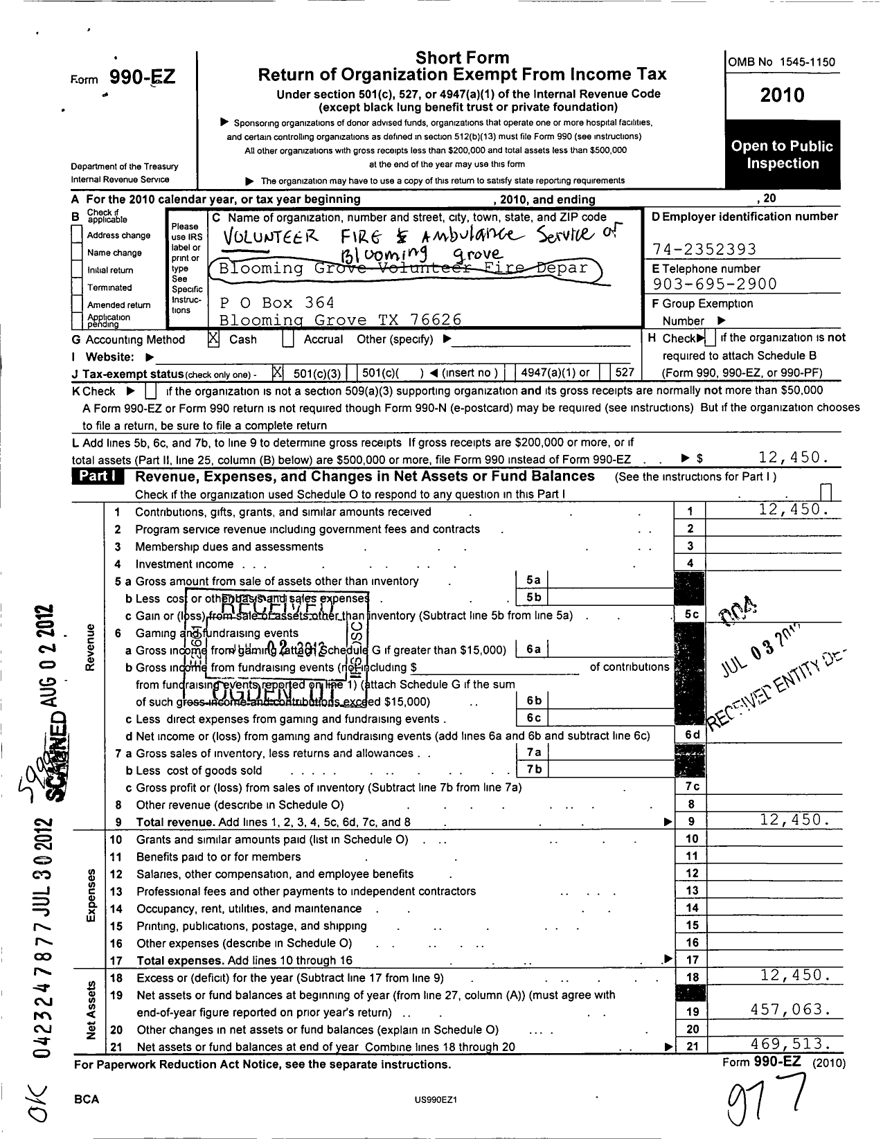 Image of first page of 2010 Form 990EZ for Volunteer Fire & Ambulance Service of Blooming Grove