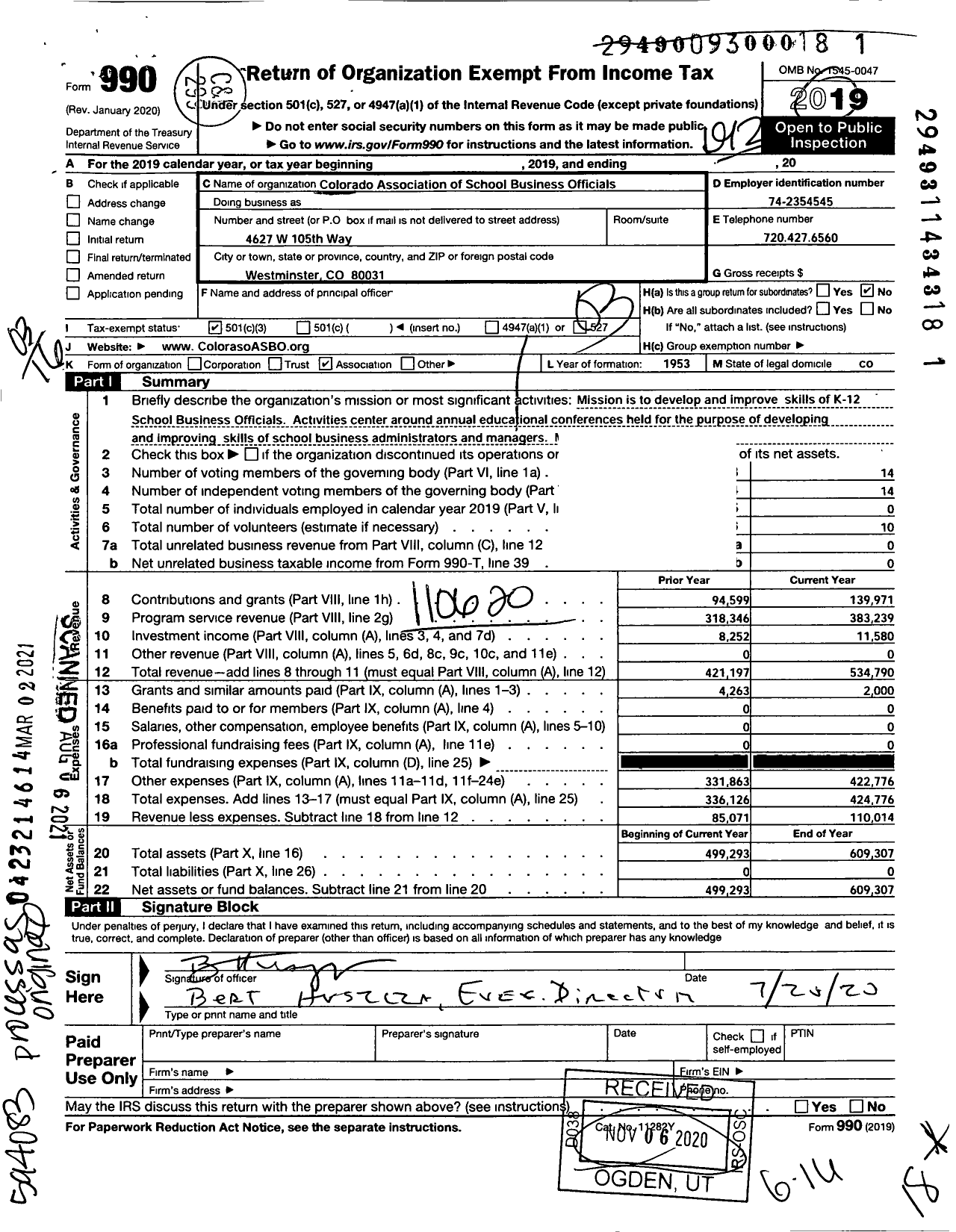 Image of first page of 2019 Form 990 for Colorado ASBO or CASBO