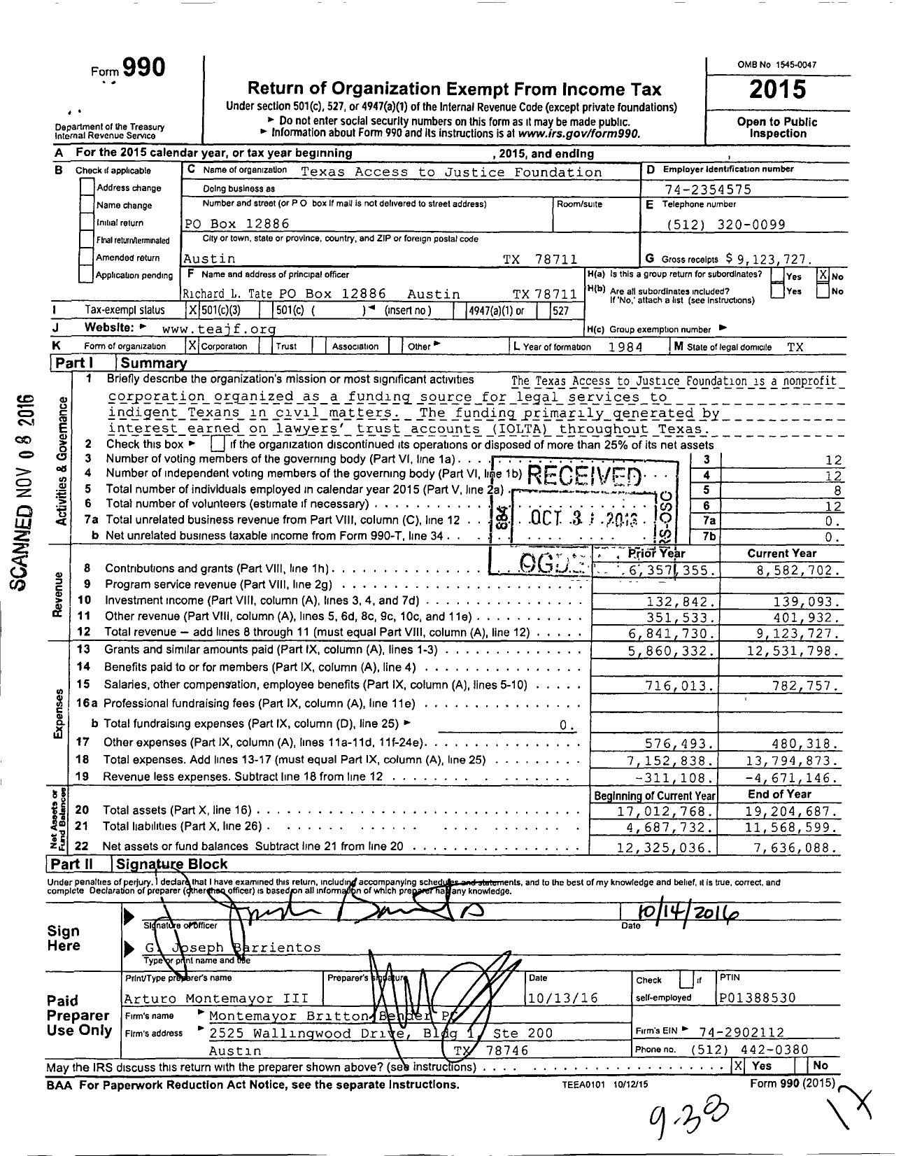 Image of first page of 2015 Form 990 for Texas Access to Justice Foundation (TAJF)