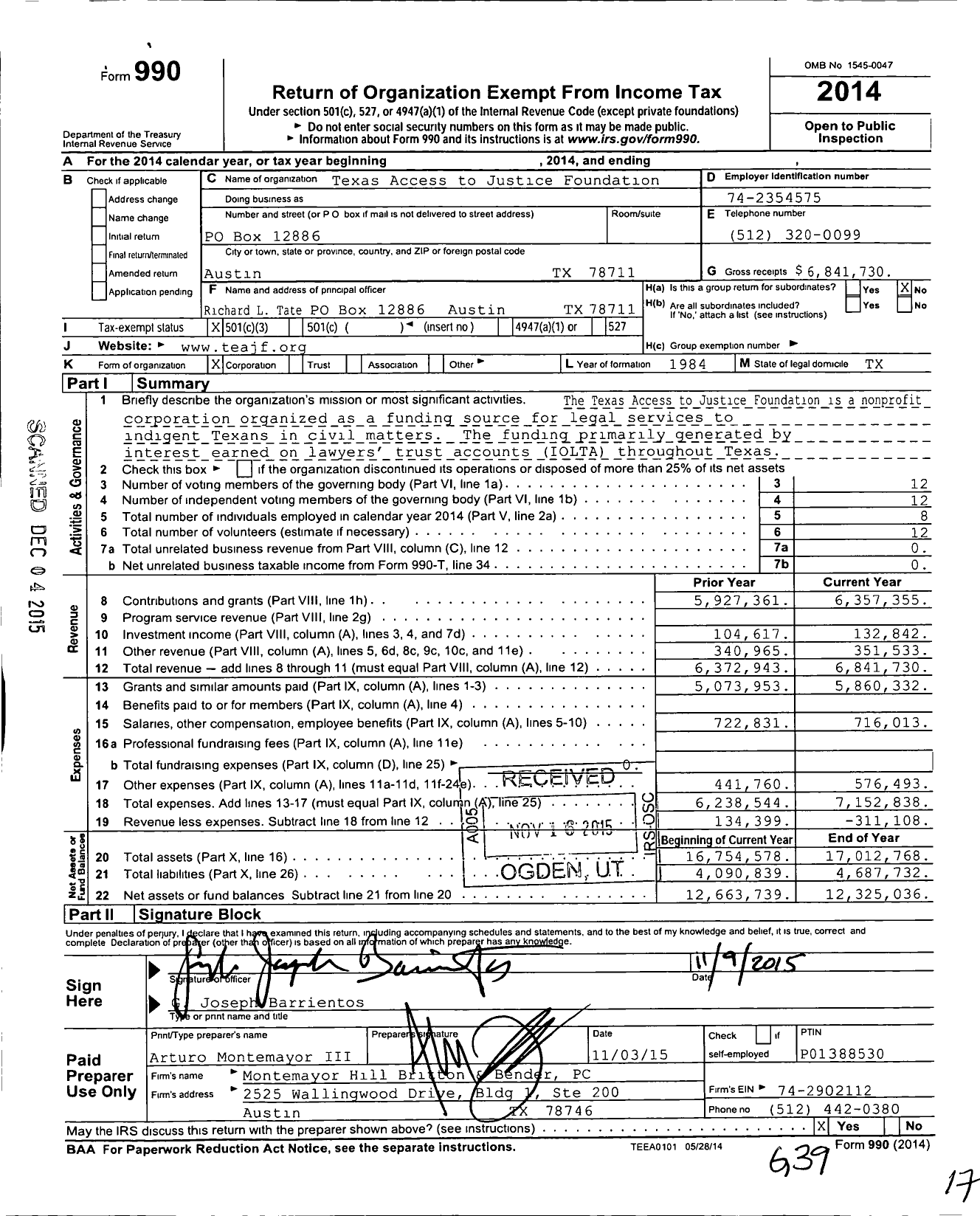 Image of first page of 2014 Form 990 for Texas Access to Justice Foundation (TAJF)