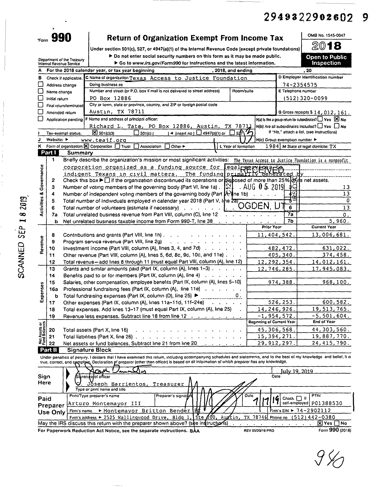 Image of first page of 2018 Form 990 for Texas Access to Justice Foundation (TAJF)
