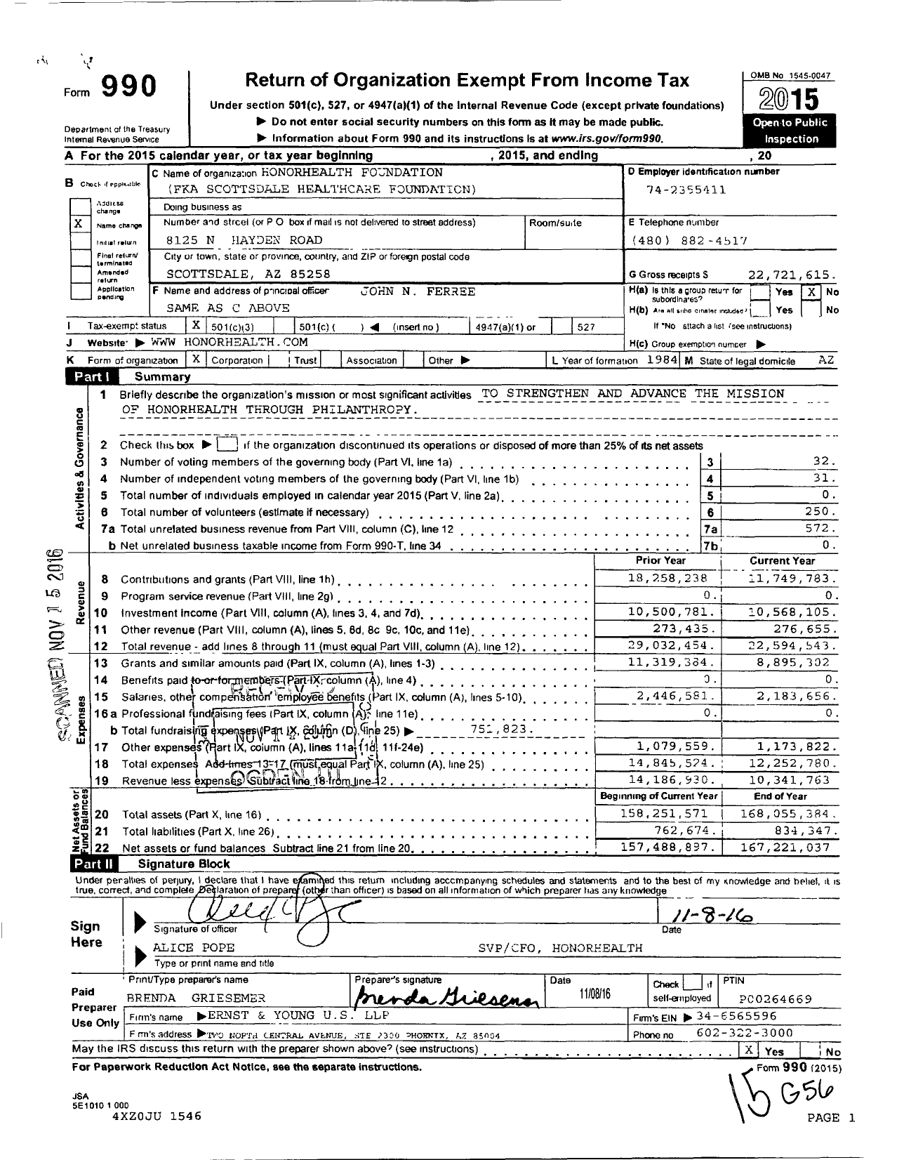 Image of first page of 2015 Form 990 for Honorhealth Foundation