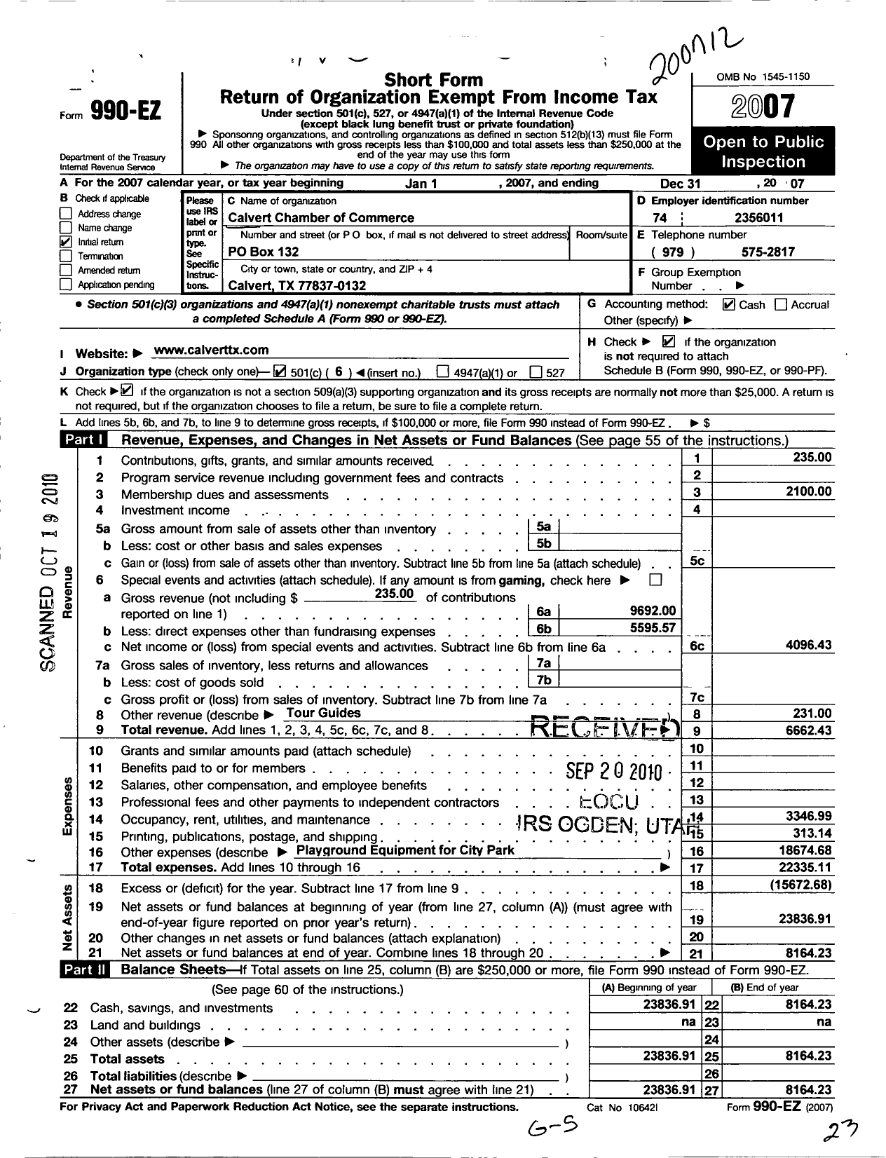 Image of first page of 2007 Form 990EO for Calvert Chamber of Commerce