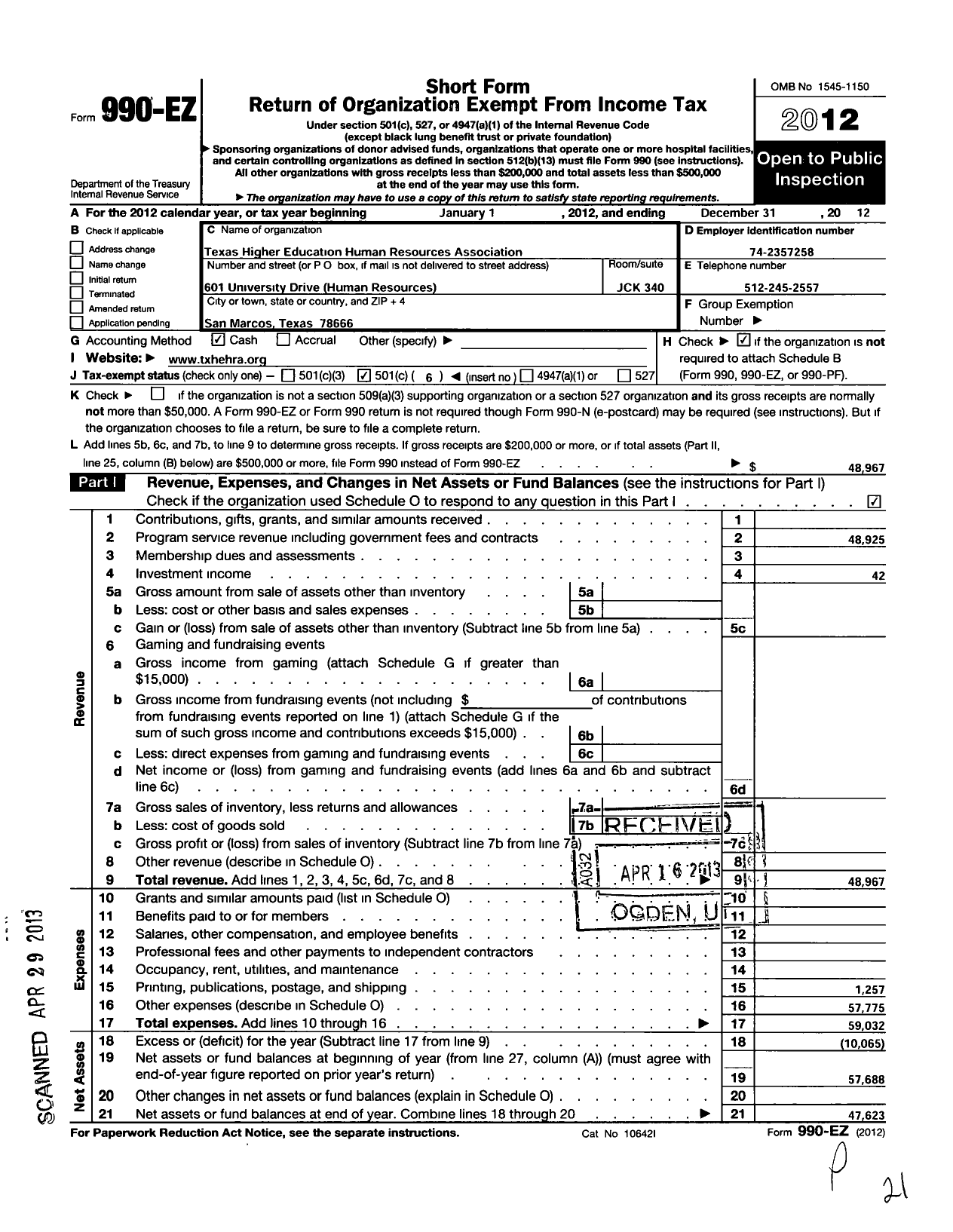 Image of first page of 2012 Form 990EO for Texas Higher Education Human Resources Association (THEHRA)