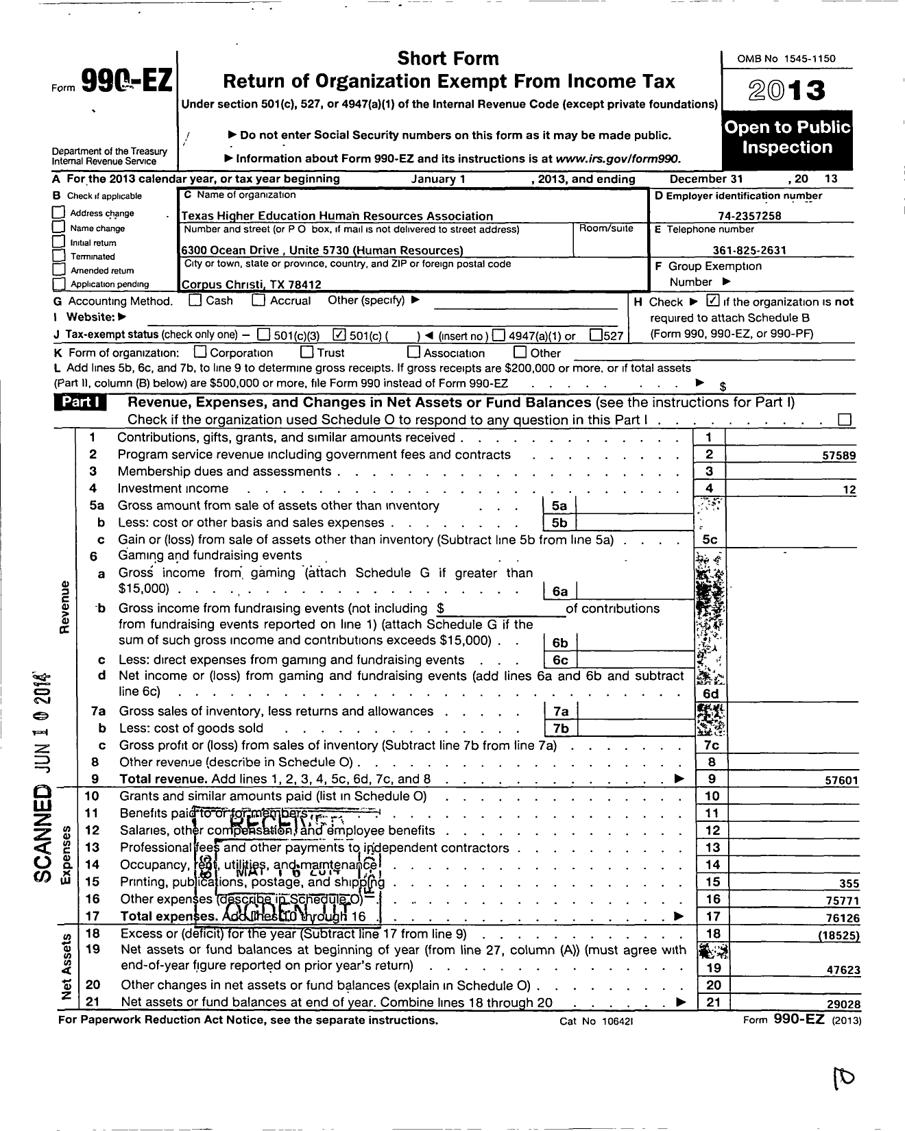 Image of first page of 2013 Form 990EO for Texas Higher Education Human Resources Association (THEHRA)