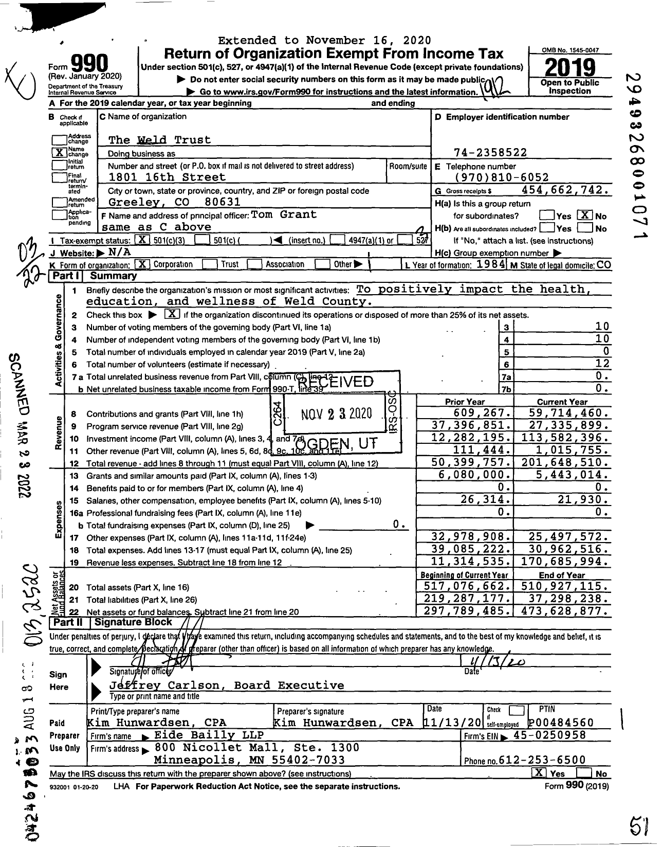 Image of first page of 2019 Form 990 for The Weld Trust