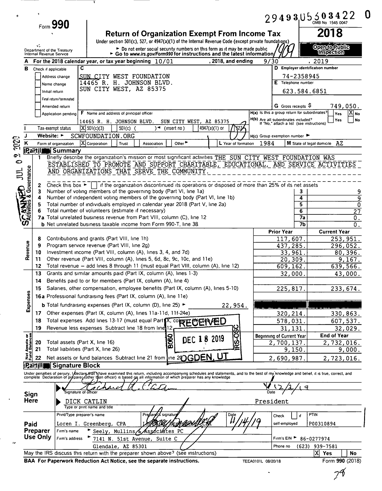 Image of first page of 2018 Form 990 for Sun City West Foundation