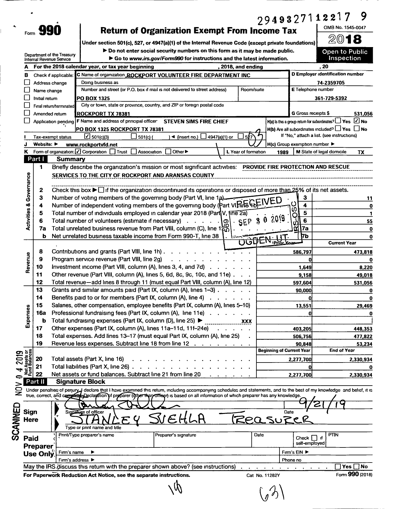 Image of first page of 2018 Form 990 for Rockport Volunteer Fire Department