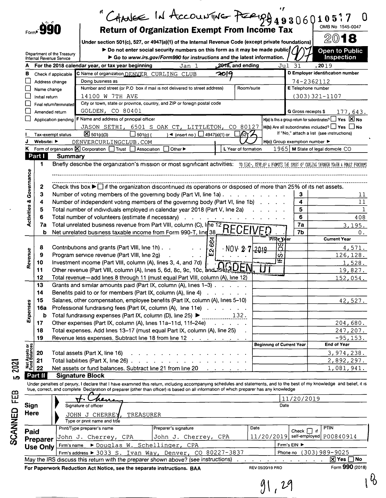 Image of first page of 2018 Form 990 for Denver Curling Club