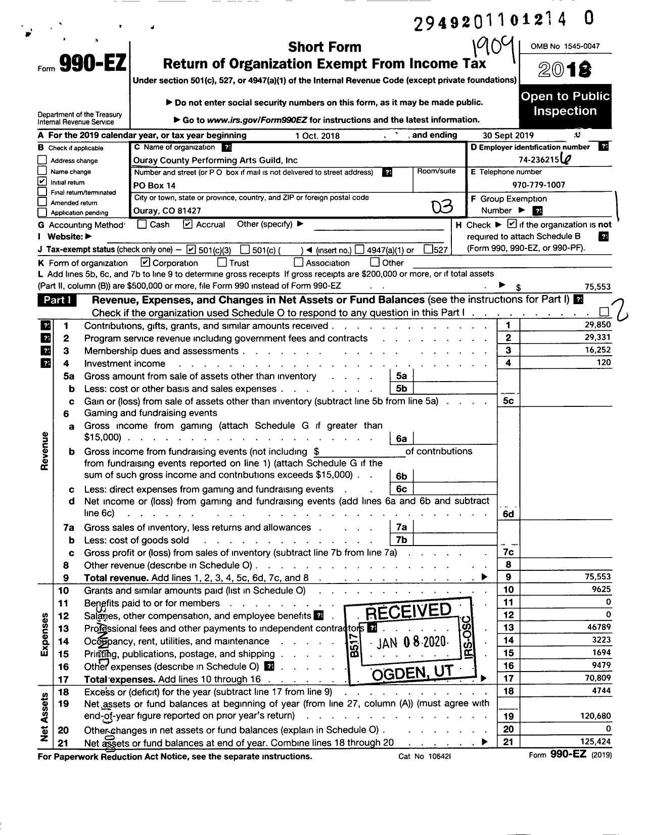 Image of first page of 2018 Form 990EZ for Ouray County Performing Arts Guild