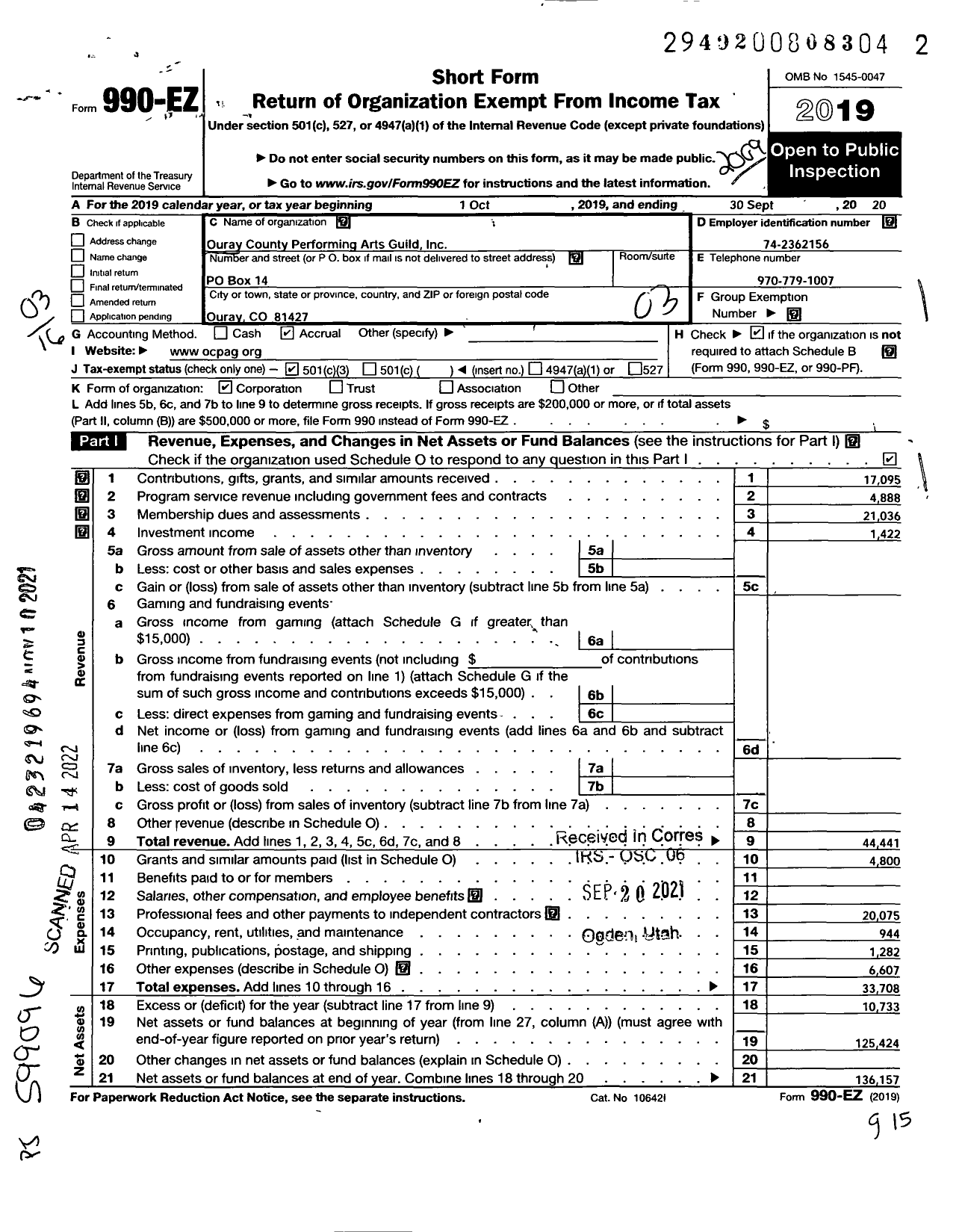 Image of first page of 2019 Form 990EZ for Ouray County Performing Arts Guild