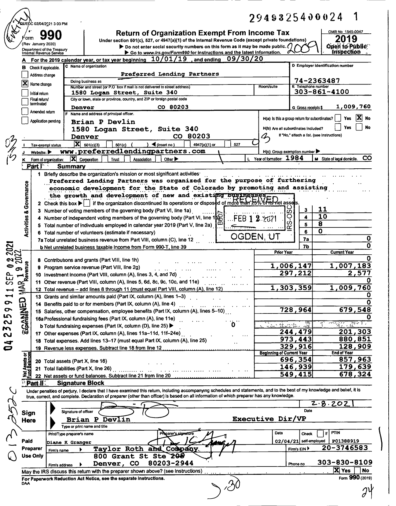 Image of first page of 2019 Form 990 for Preferred Lending Partners