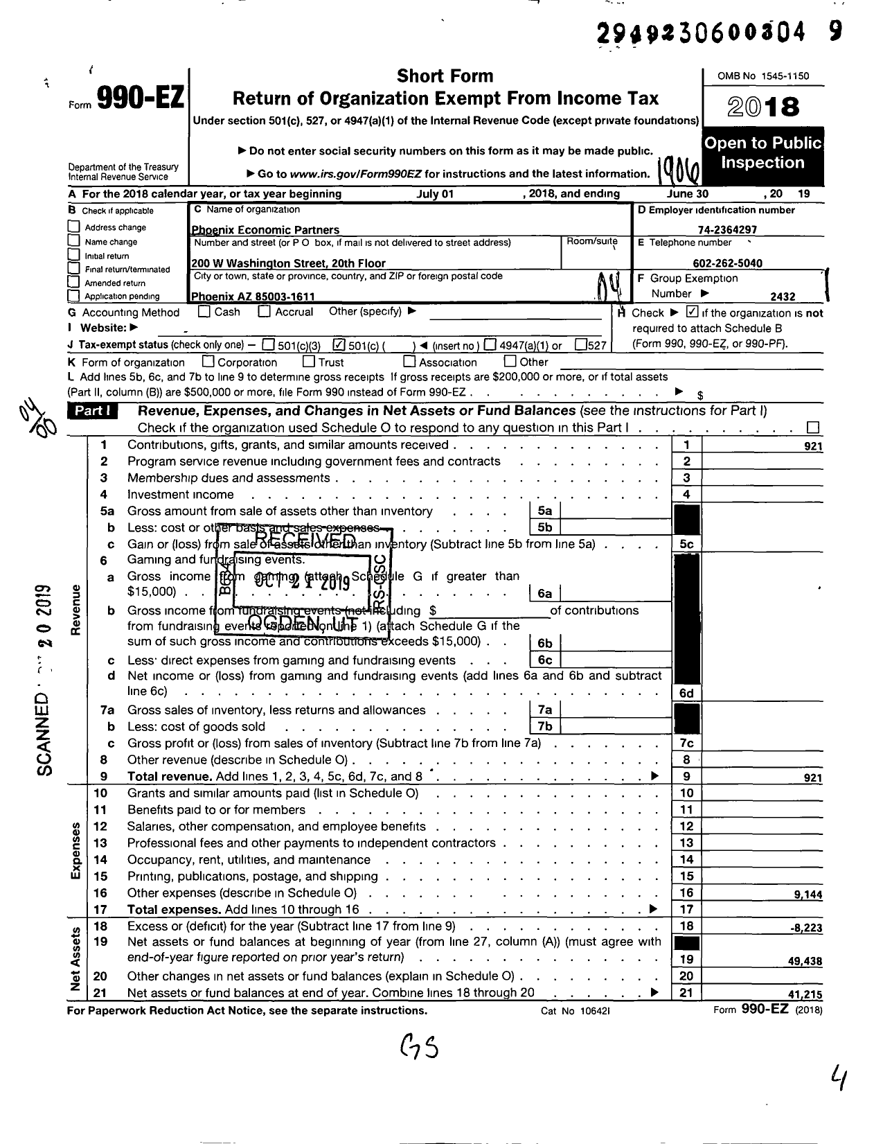 Image of first page of 2018 Form 990EO for Phoenix Economic Partners