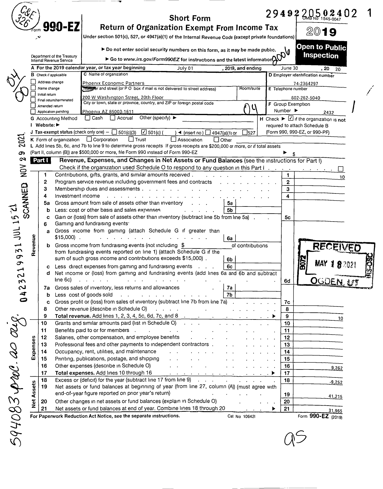 Image of first page of 2019 Form 990EO for Phoenix Economic Partners