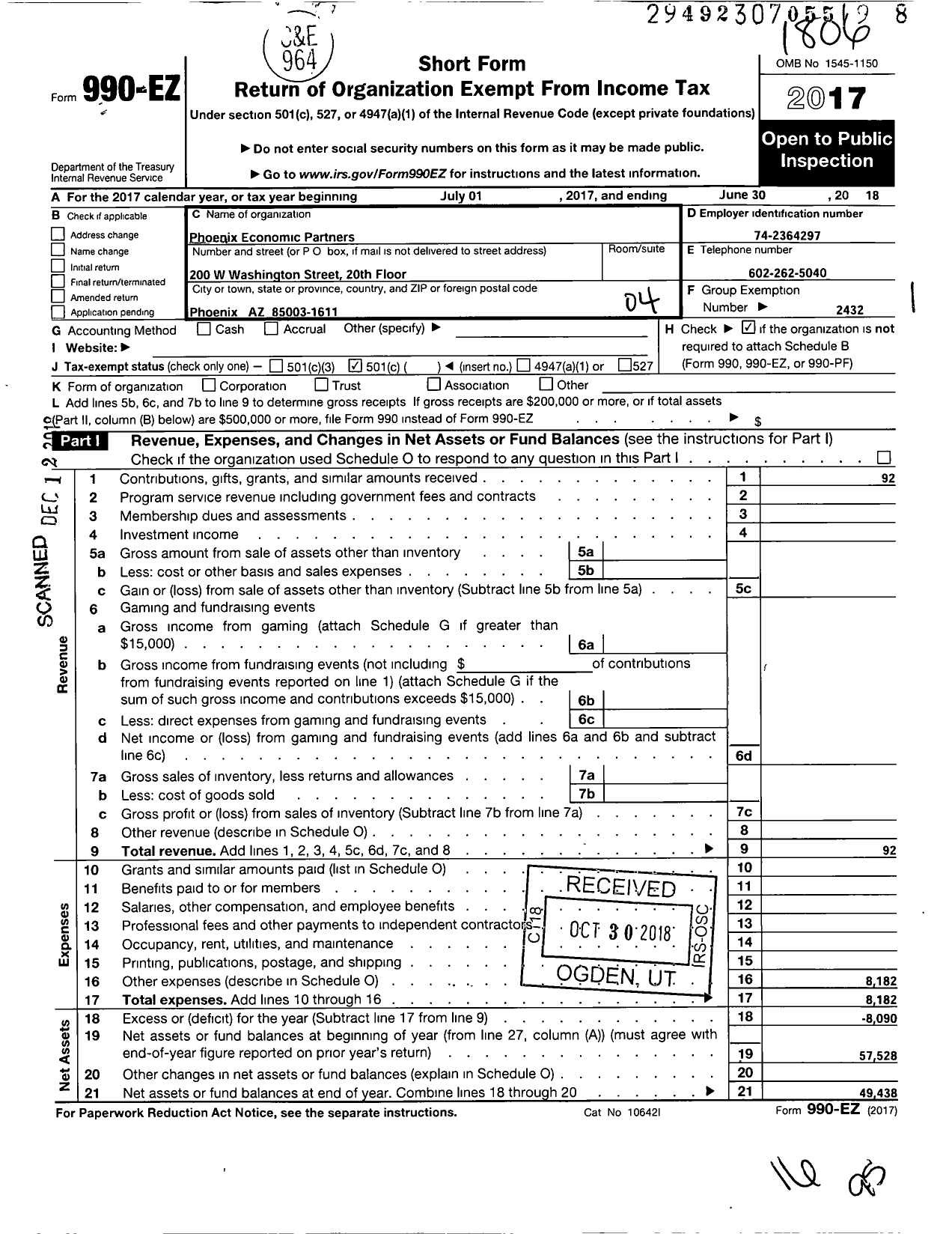 Image of first page of 2017 Form 990EO for Phoenix Economic Partners