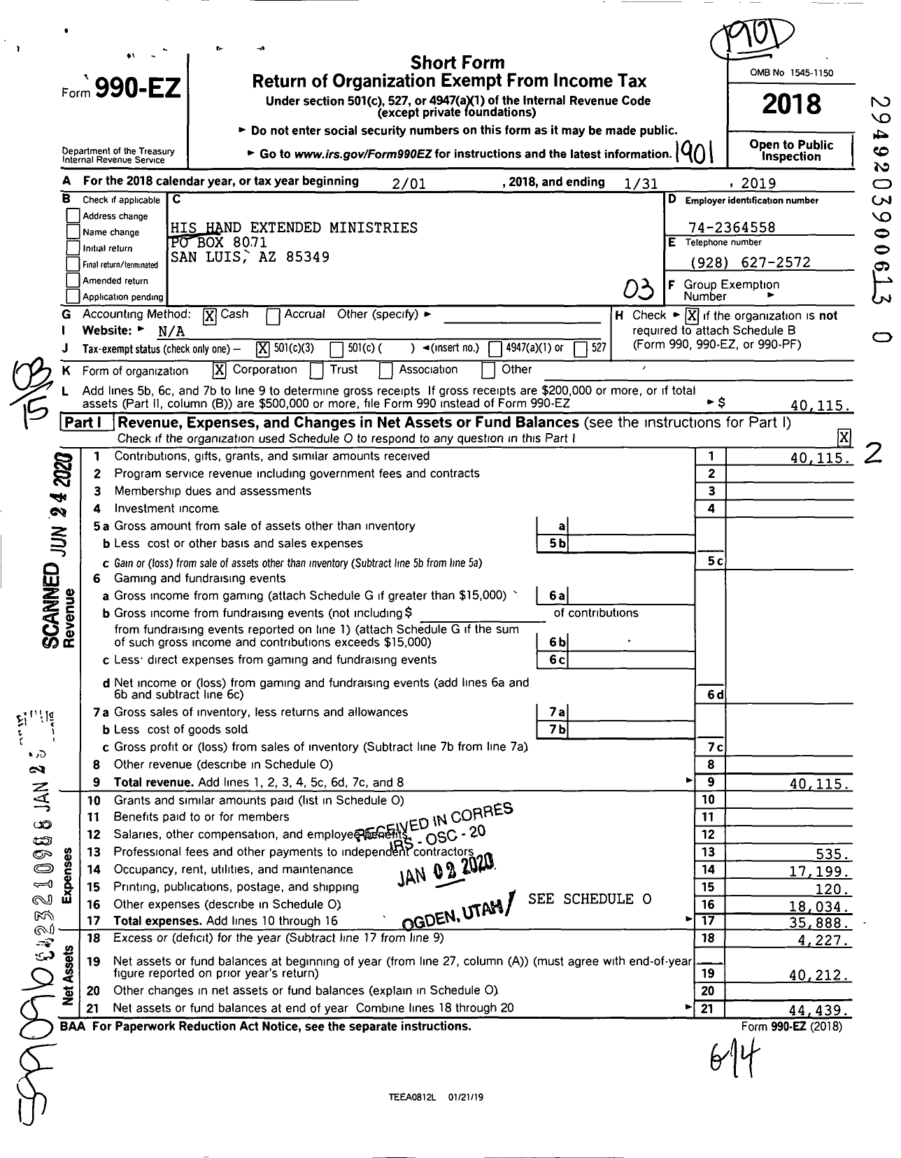 Image of first page of 2018 Form 990EZ for His Hand Extended Ministries