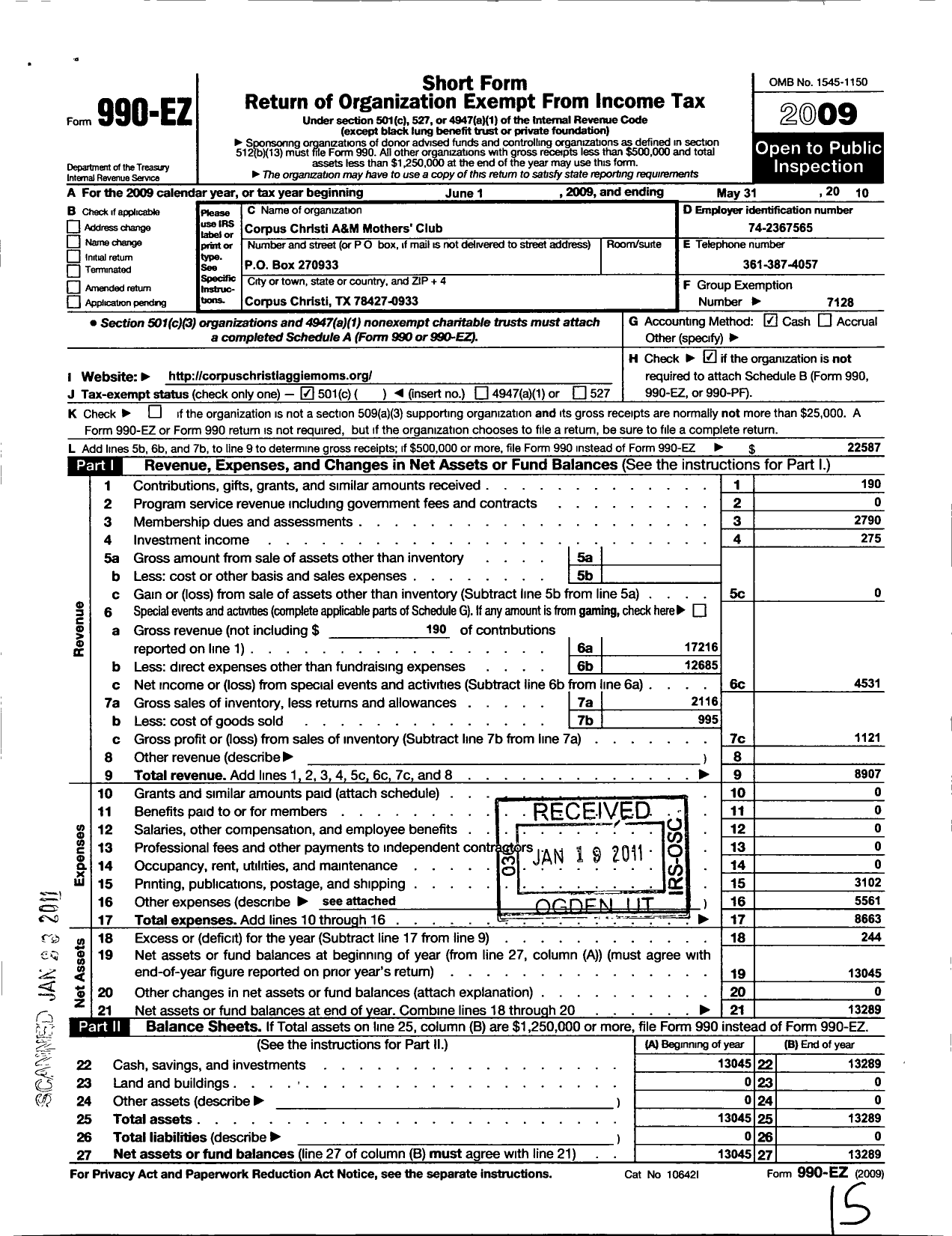 Image of first page of 2009 Form 990EO for Federation of Texas A&m University Mothers Club / Corpus Christi