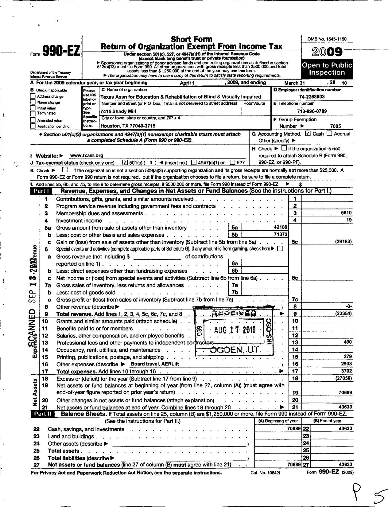 Image of first page of 2009 Form 990EZ for Texas Association for Education and Rehab of Blind and Visually Impaired