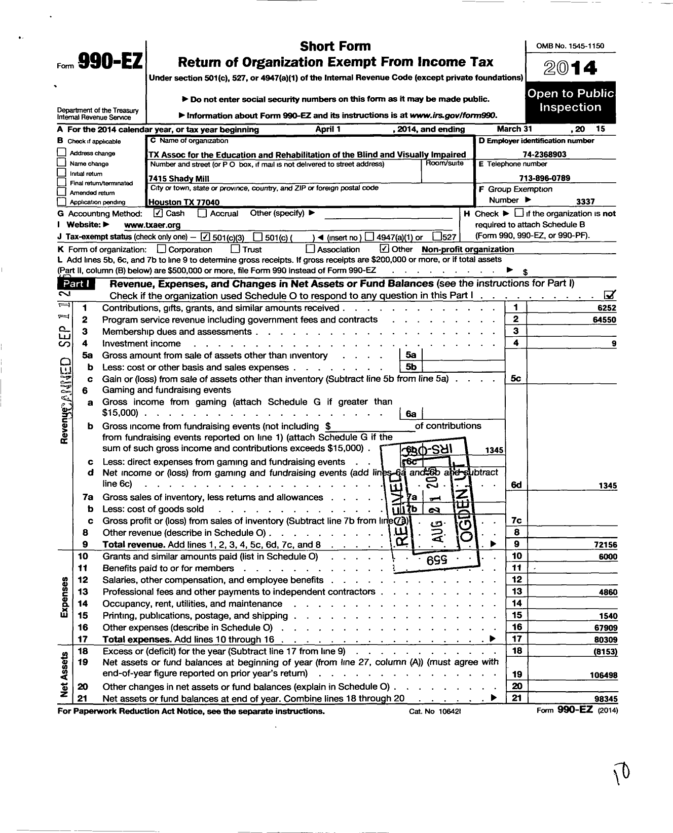 Image of first page of 2014 Form 990EZ for Texas Association for Education and Rehab of Blind and Visually Impaired