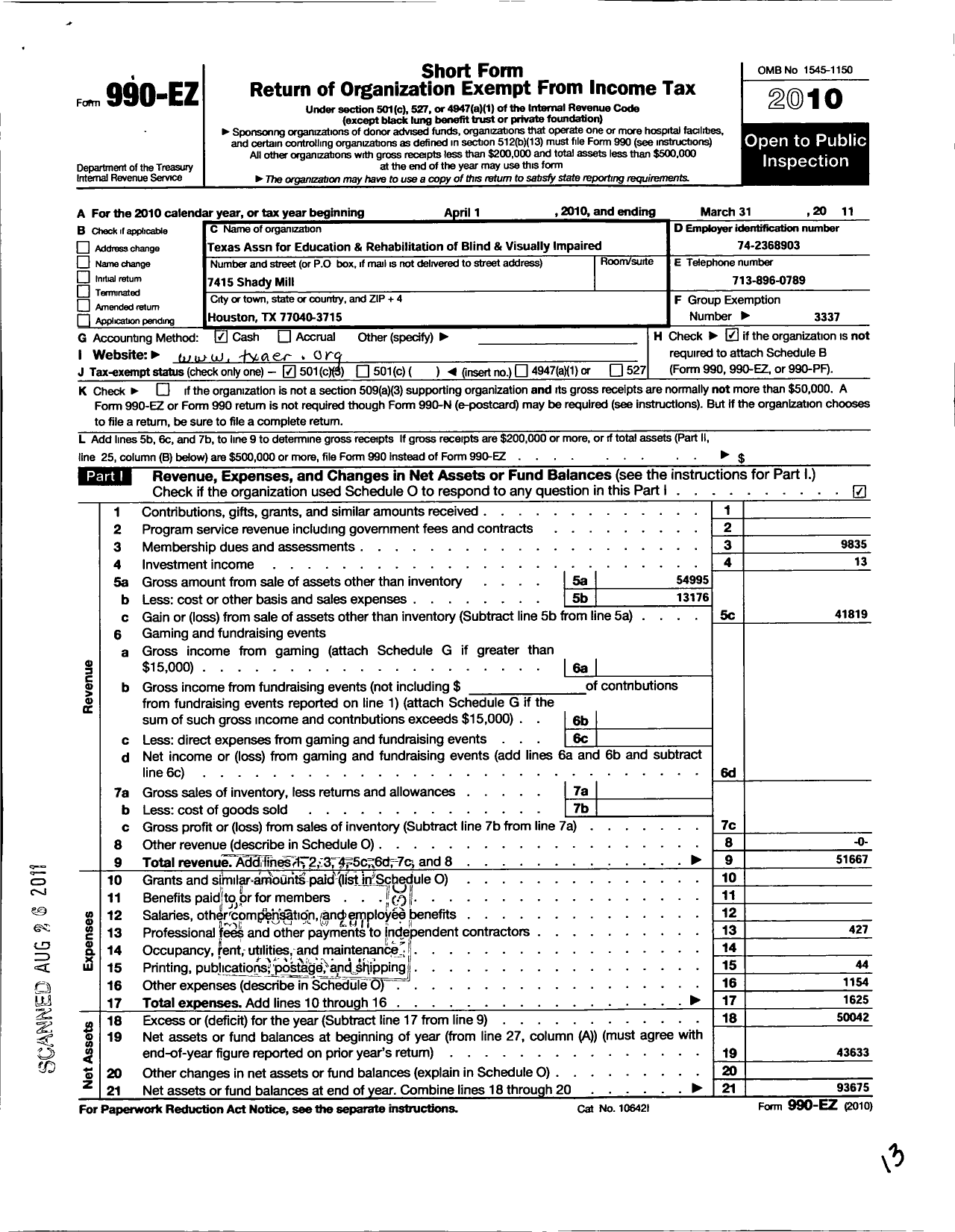 Image of first page of 2010 Form 990EZ for Texas Association for Education and Rehab of Blind and Visually Impaired