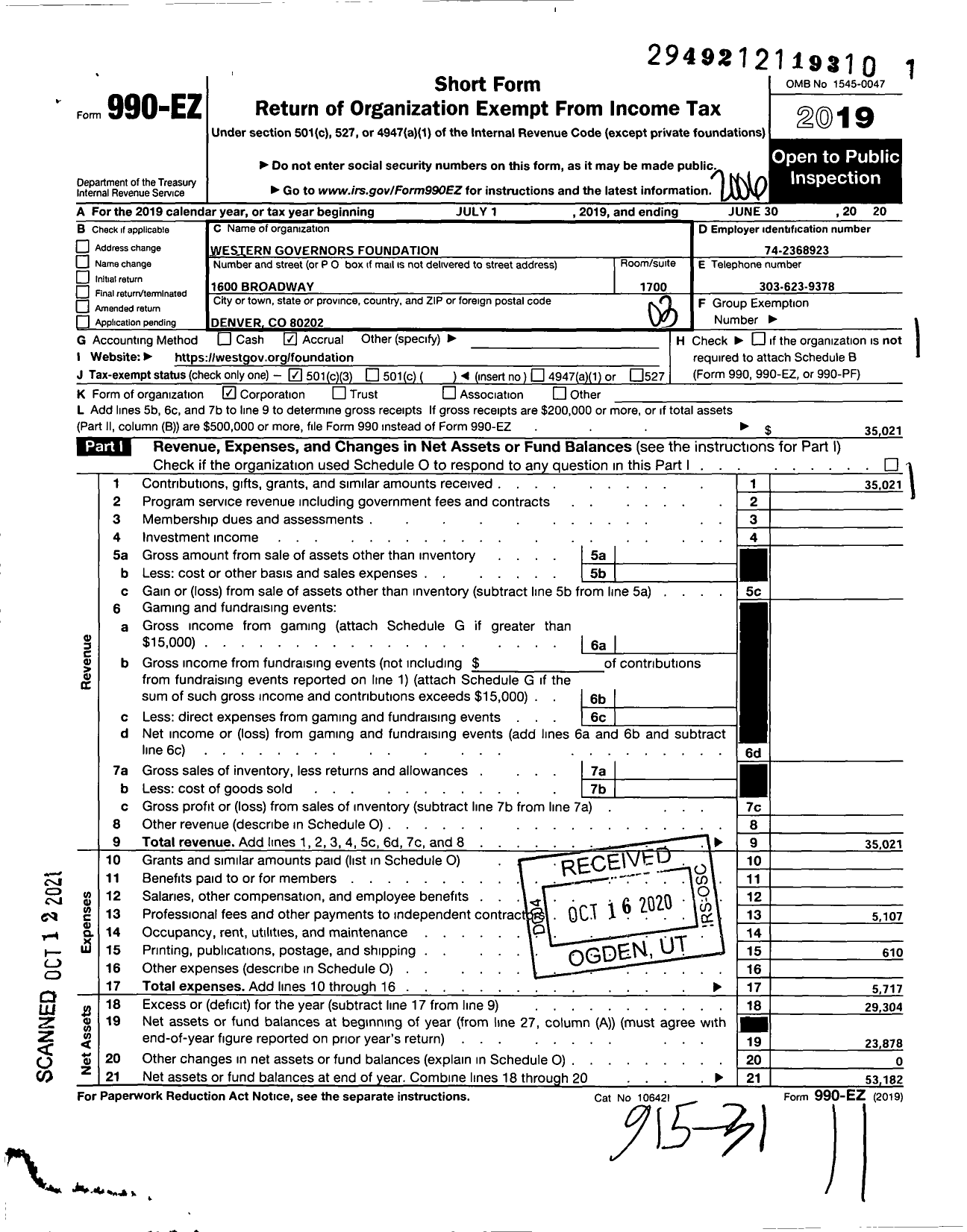 Image of first page of 2019 Form 990EZ for Western Governors Foundation