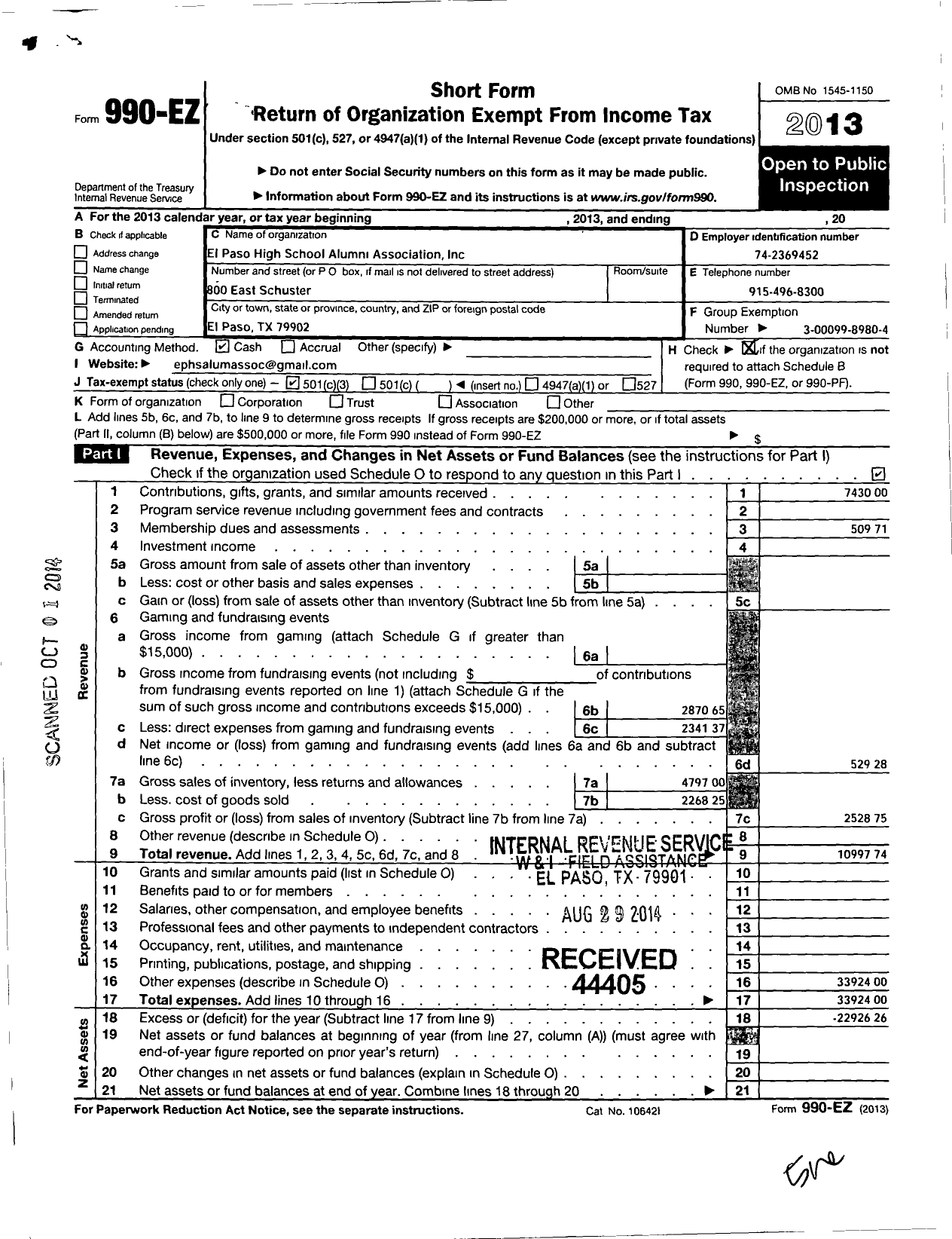 Image of first page of 2013 Form 990EZ for El Paso High School Alumni Association