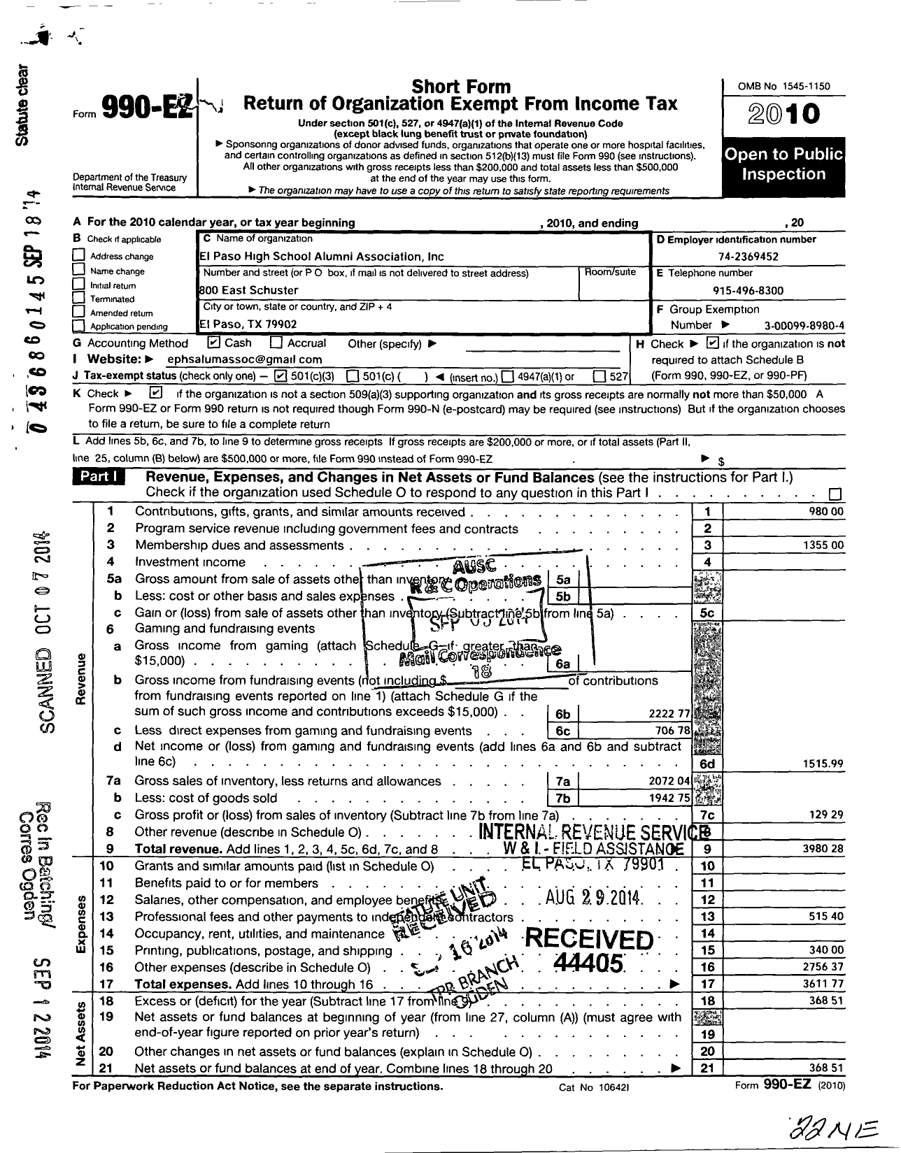 Image of first page of 2010 Form 990EZ for El Paso High School Alumni Association