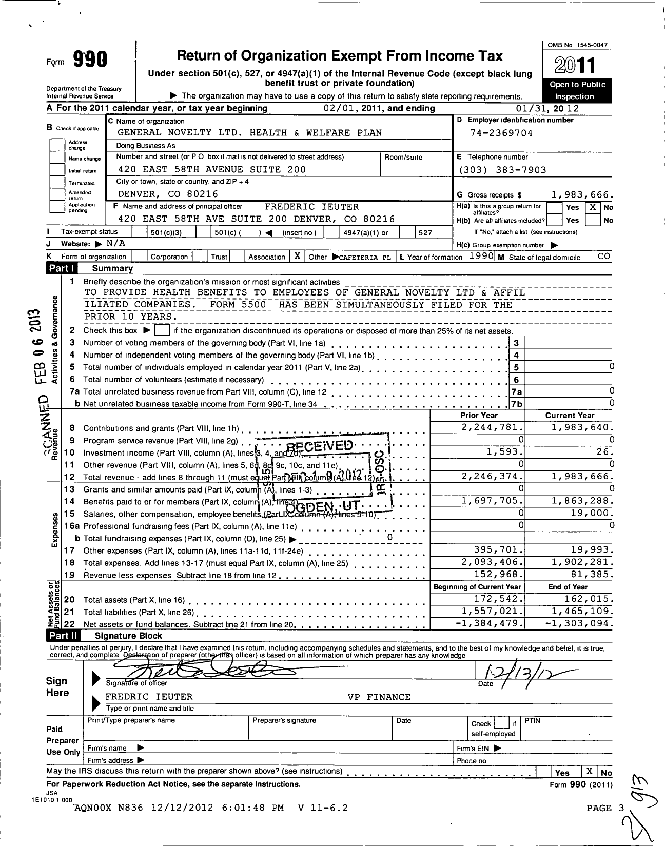 Image of first page of 2011 Form 990O for General Novelty Health and Welfare Plan