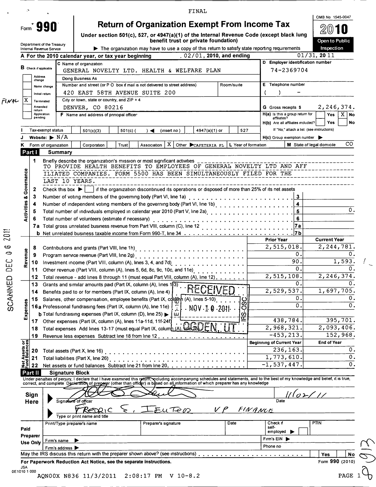 Image of first page of 2010 Form 990O for General Novelty Health and Welfare Plan