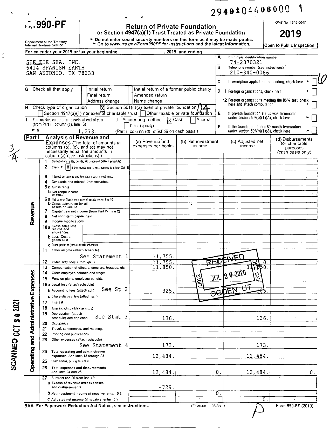 Image of first page of 2019 Form 990PF for See the Sea