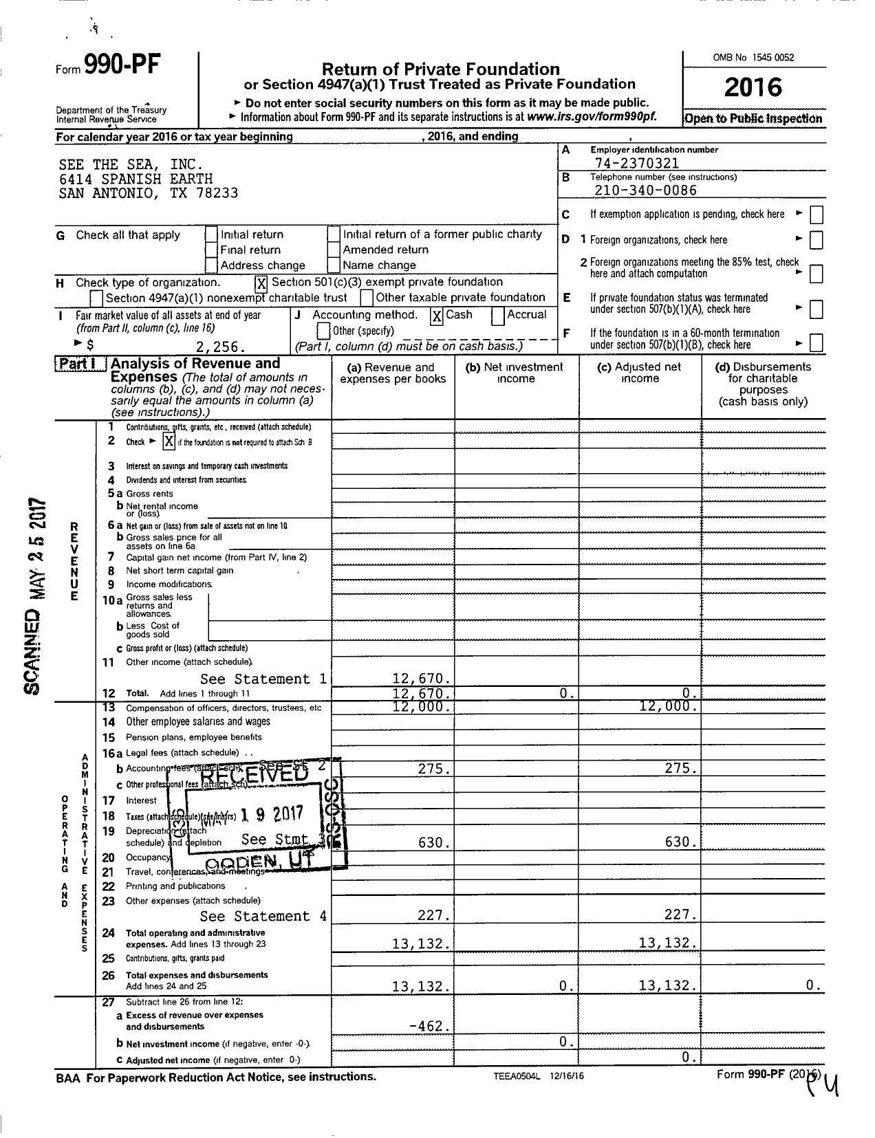 Image of first page of 2016 Form 990PF for See the Sea