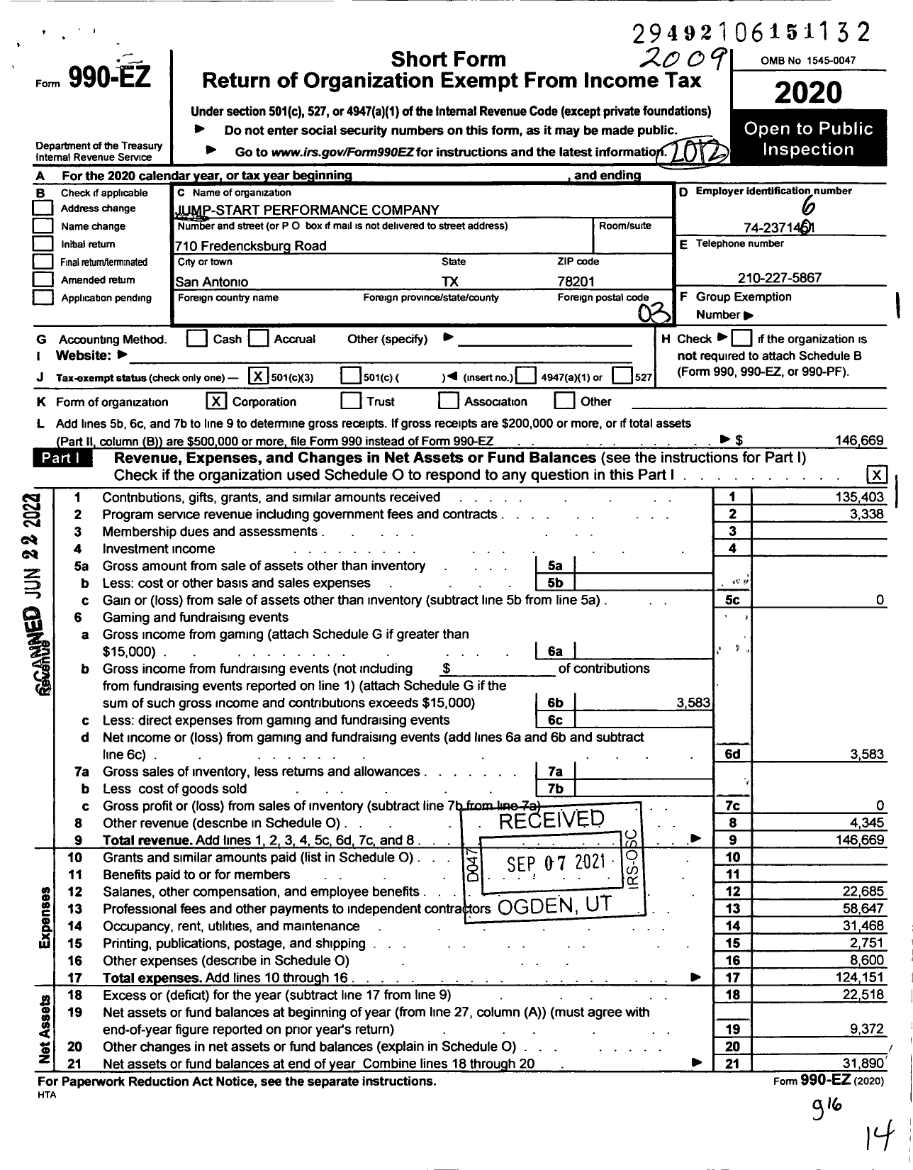 Image of first page of 2019 Form 990EZ for Jump-Start Performance Company