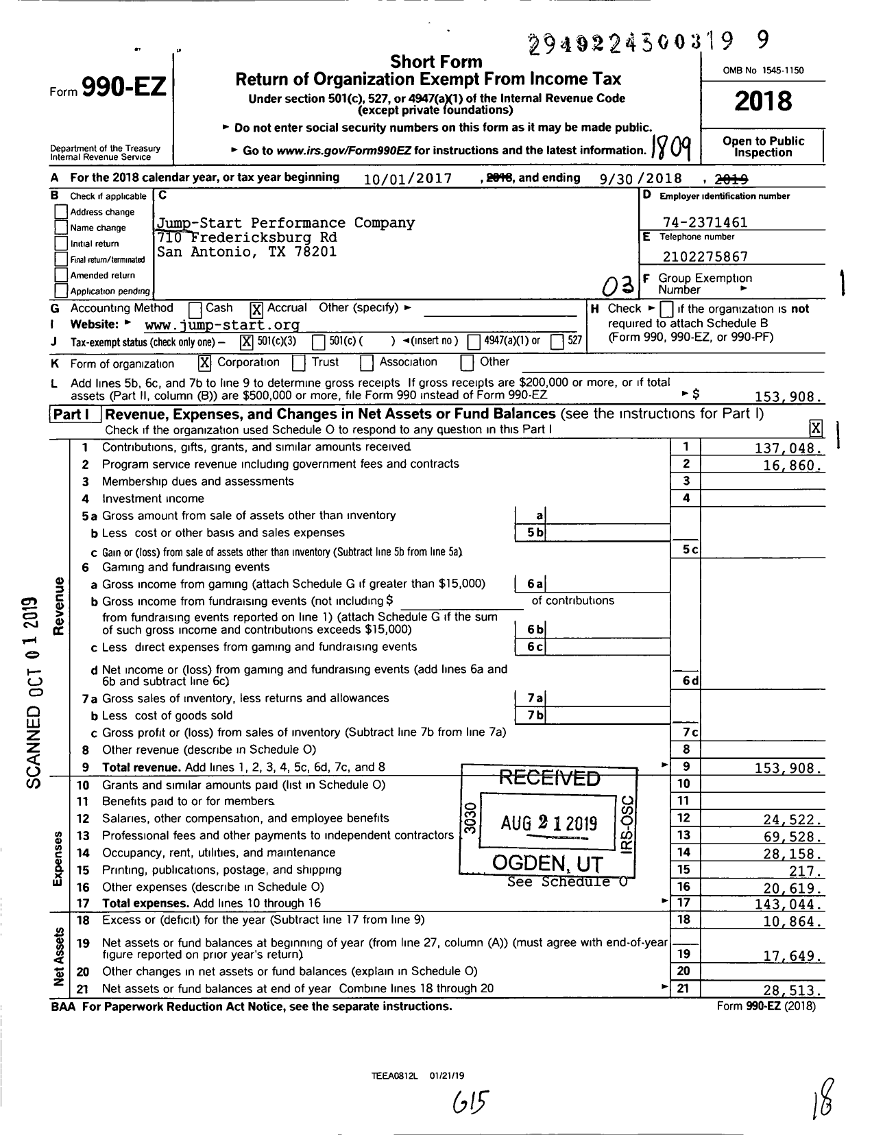 Image of first page of 2017 Form 990EZ for Jump-Start Performance Company