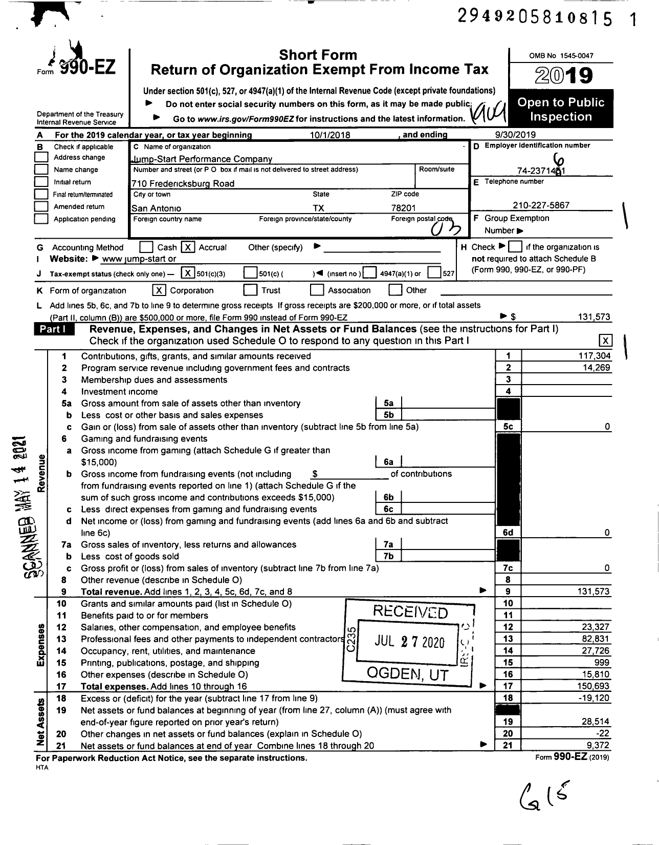 Image of first page of 2018 Form 990EZ for Jump-Start Performance Company