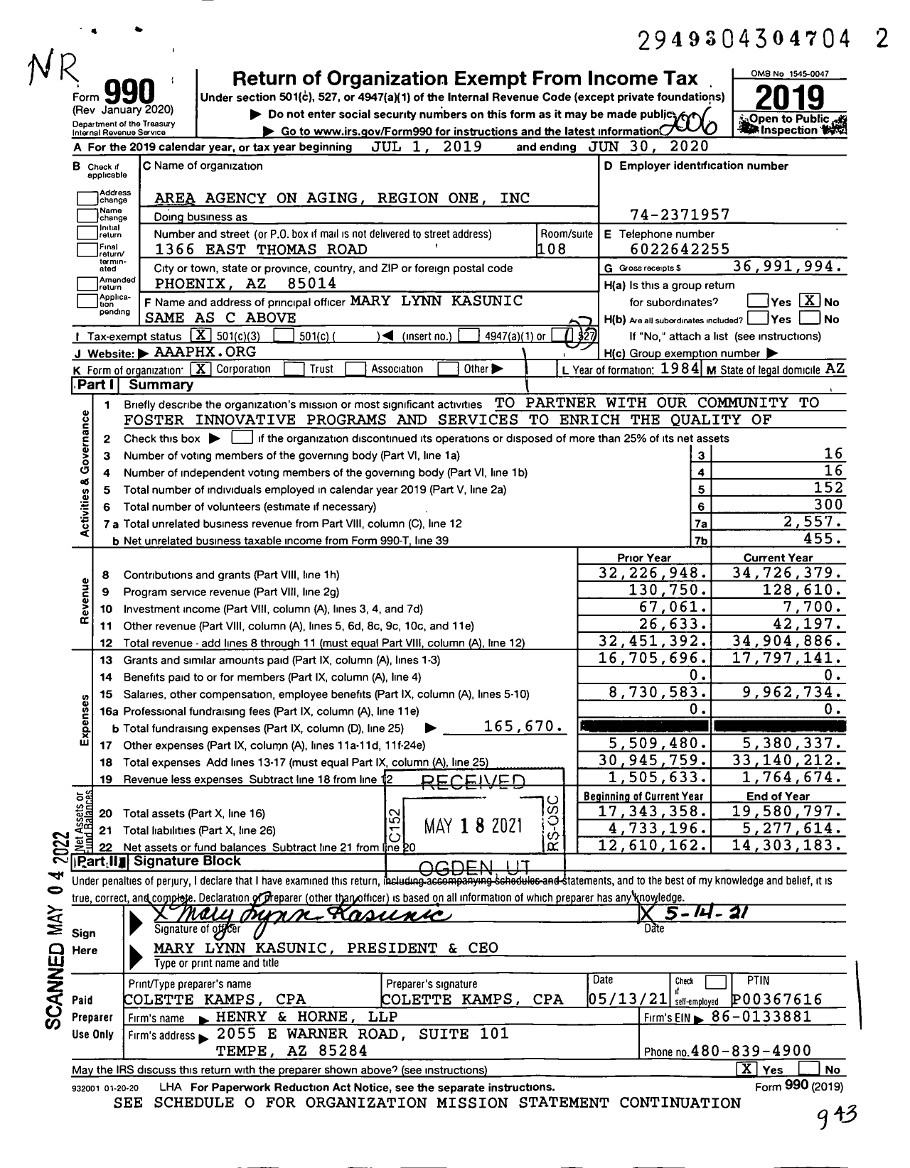 Image of first page of 2019 Form 990 for Area Agency on Aging Region One