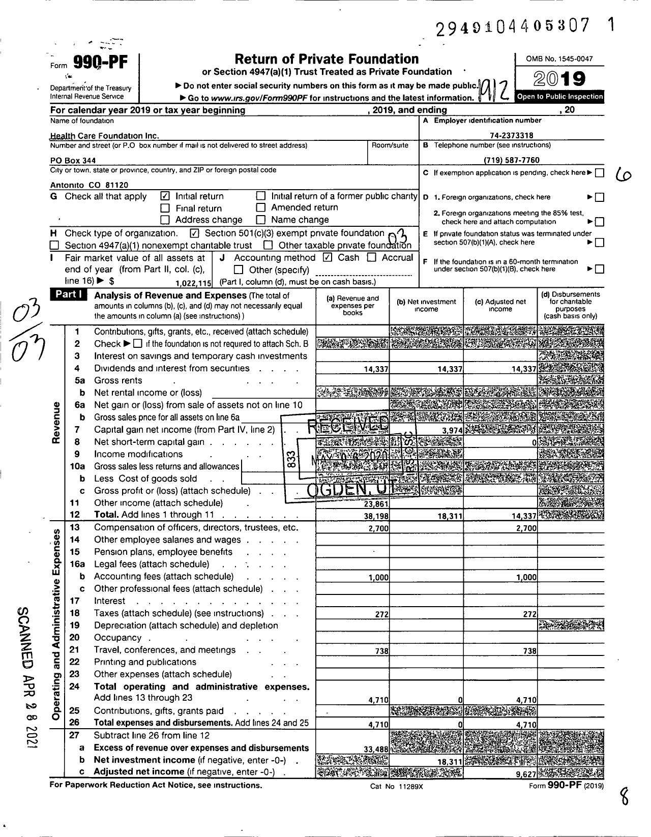 Image of first page of 2019 Form 990PF for Health Care Foundation